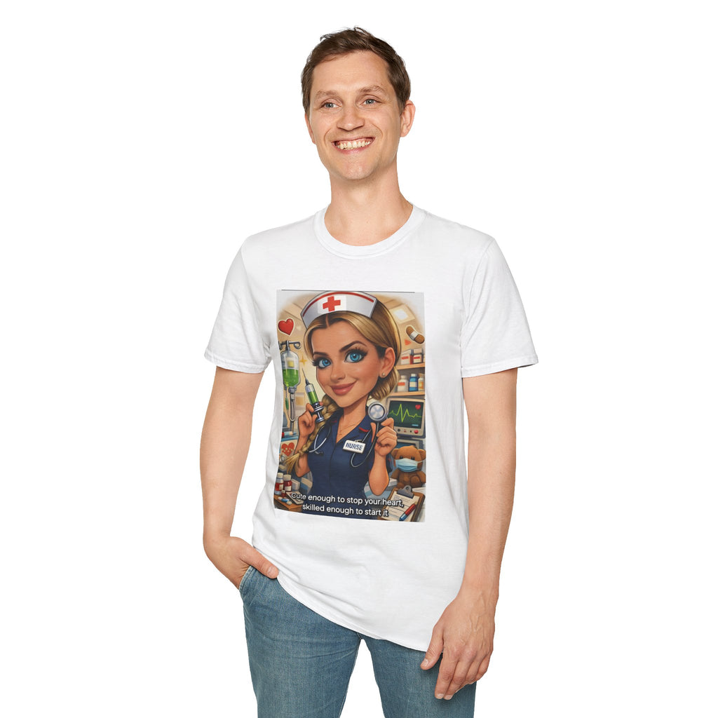Nurse Cartoon T-Shirt — Cute Retro Nurse Graphic Tee (Includes 'You're Enough to Stop Your Heart' Text)