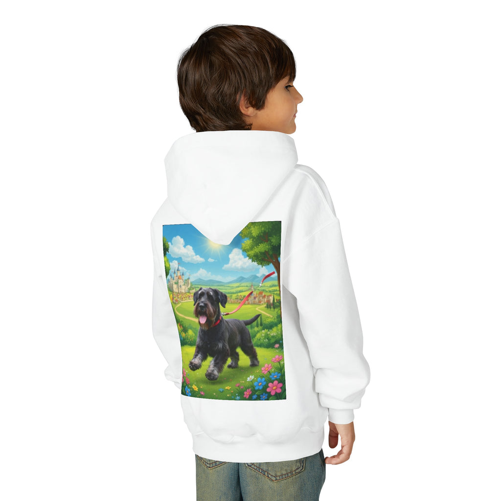 Youth Hoodie — Cute Black Puppy in Sunny Meadow Kids Sweatshirt
