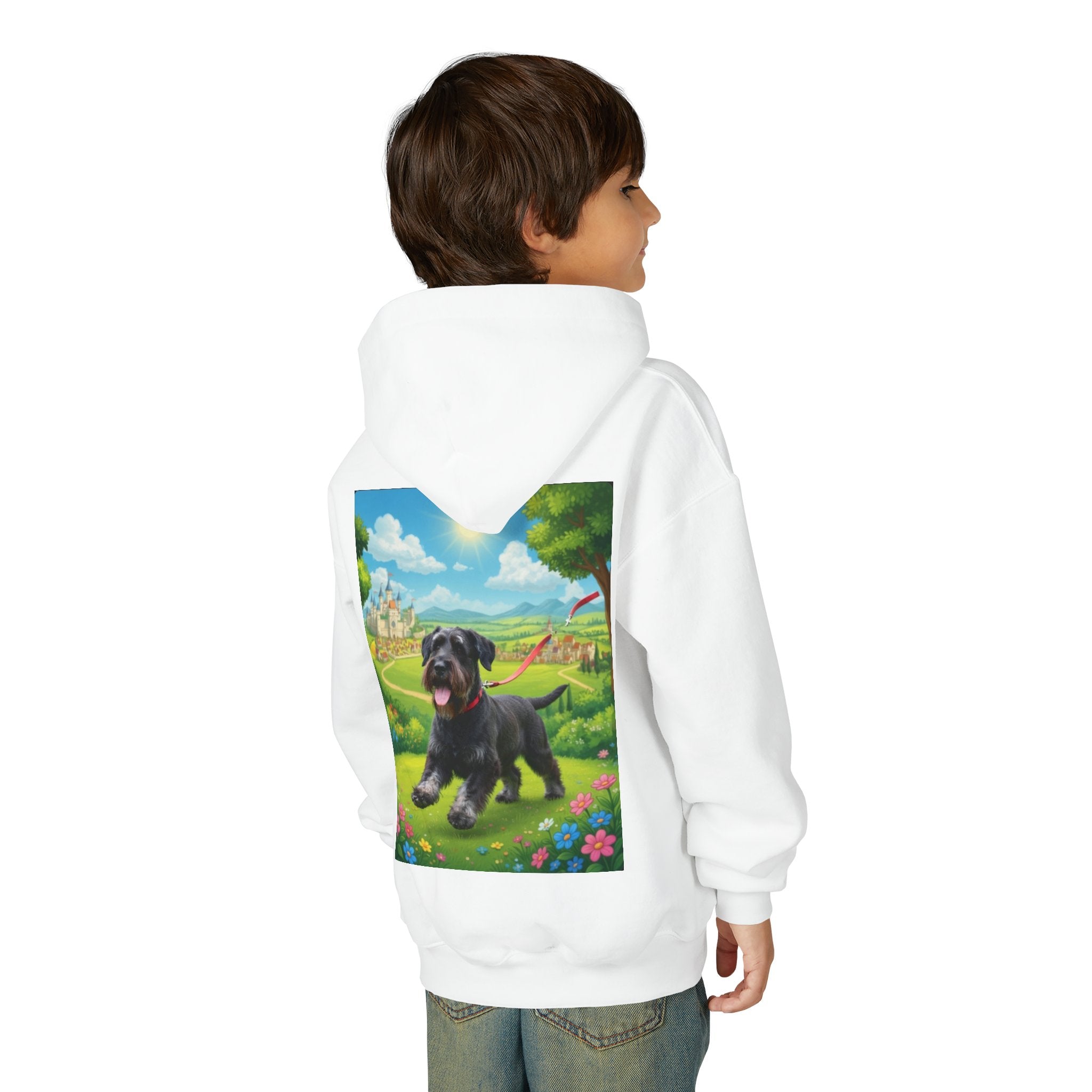 Youth Hoodie — Cute Black Puppy in Sunny Meadow Kids Sweatshirt