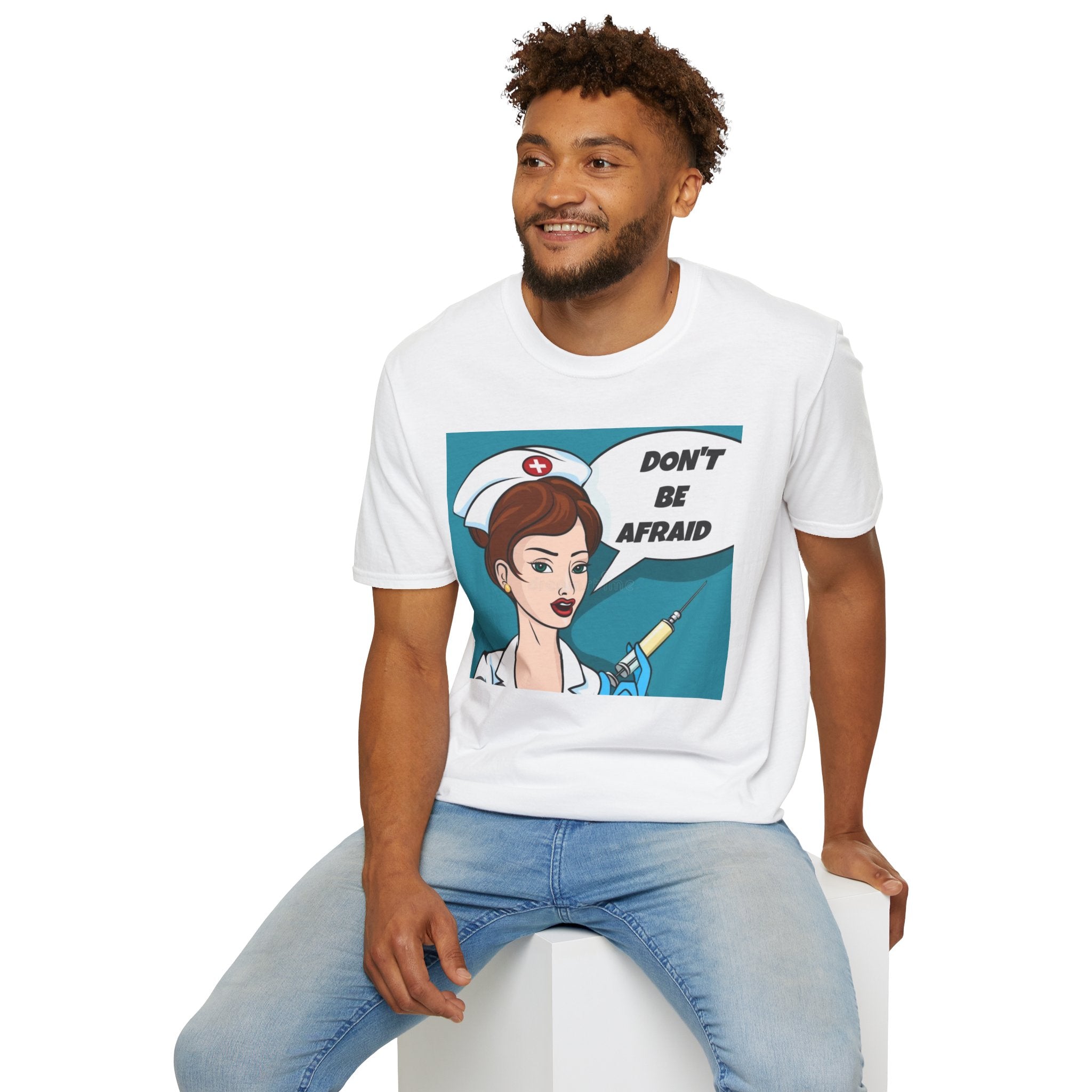 Nurse Illustration T-Shirt – "Don't Be Afraid" Retro Pop Art Medical Tee