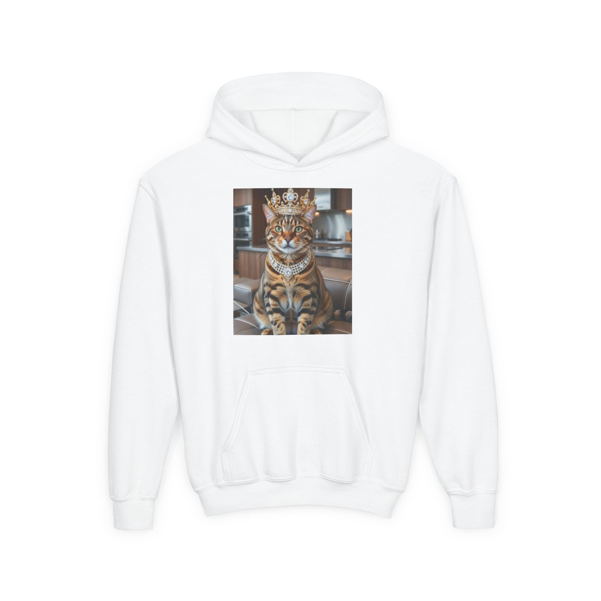 Youth Hoodie — Regal Cat Portrait Crowned King Design