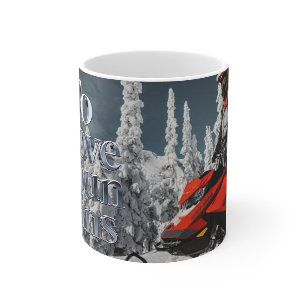 Snowmobile Mountains Mug — "To Move Mountains" Winter Adventure Coffee Cup