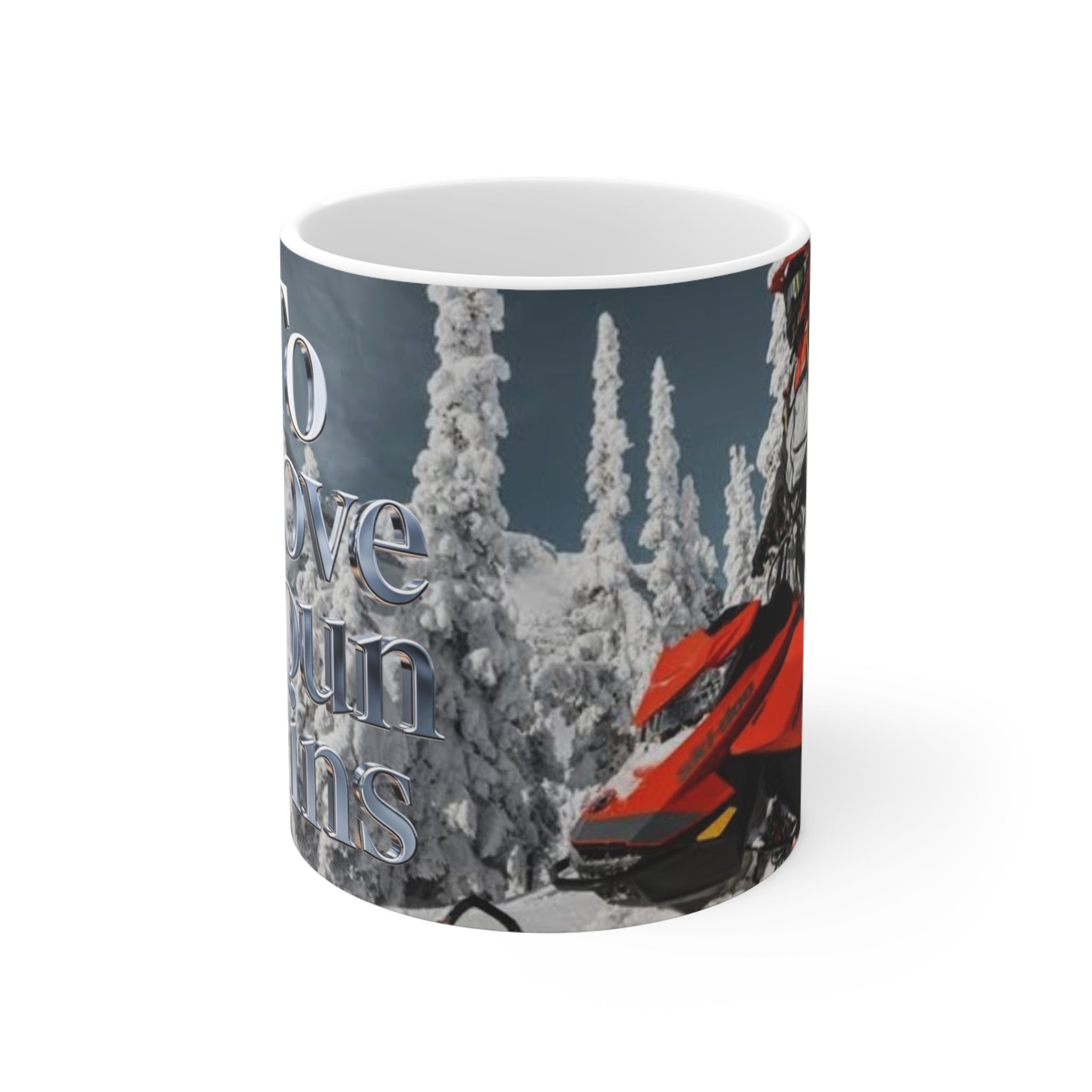 Snowmobile Mountains Mug — "To Move Mountains" Winter Adventure Coffee Cup