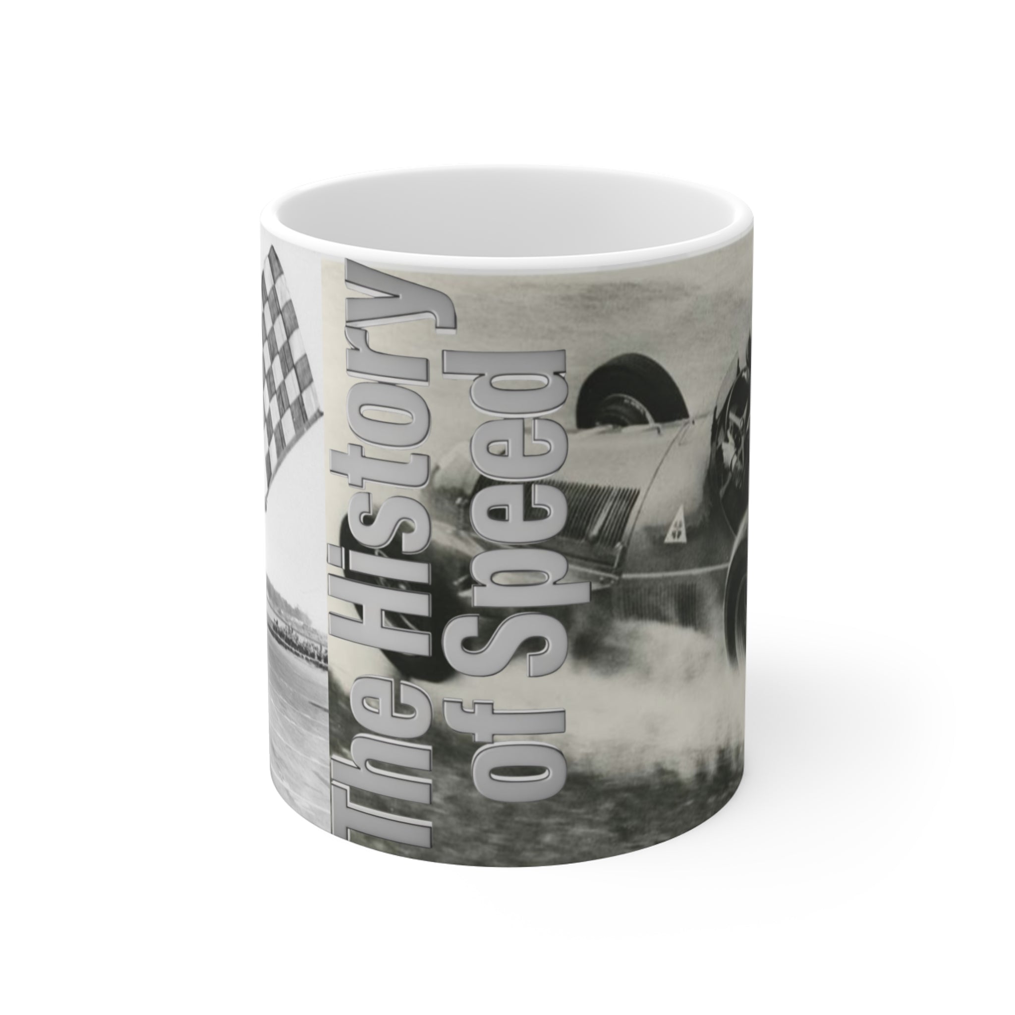 Racing Mug — 'The History of Speed' Vintage Flag Racecar Coffee Cup