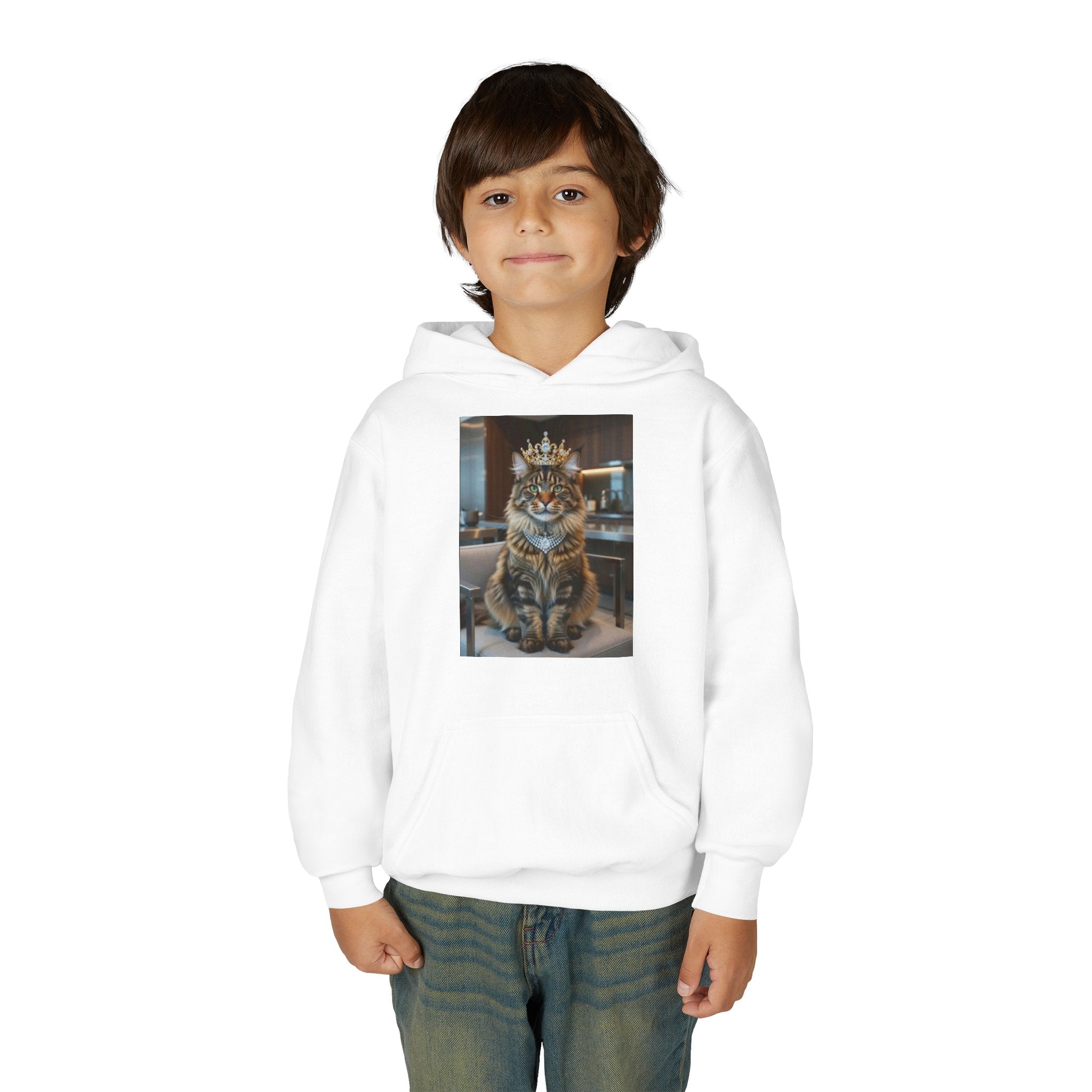 Youth Cat King Hoodie — Regal Crowned Tabby Graphic Sweatshirt