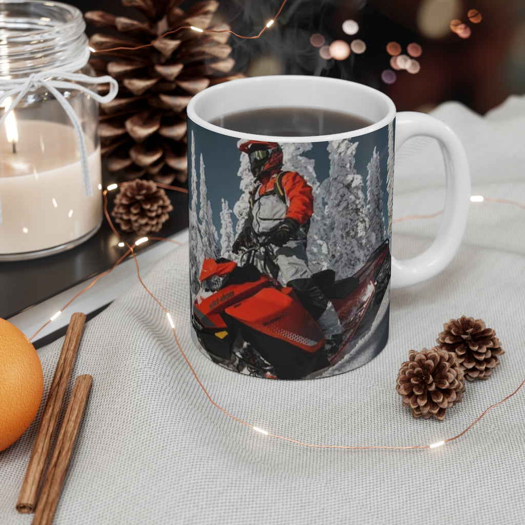 Snowmobile Mountains Mug — "To Move Mountains" Winter Adventure Coffee Cup
