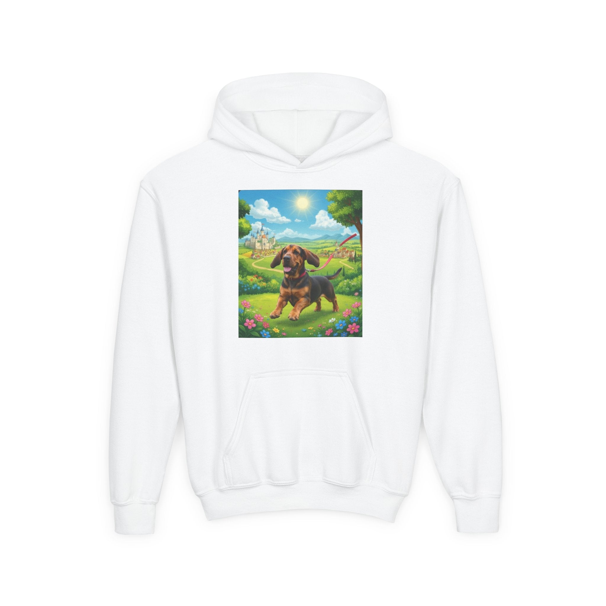 Youth Hoodie — Cute Dachshund Puppy in Sunny Countryside Print