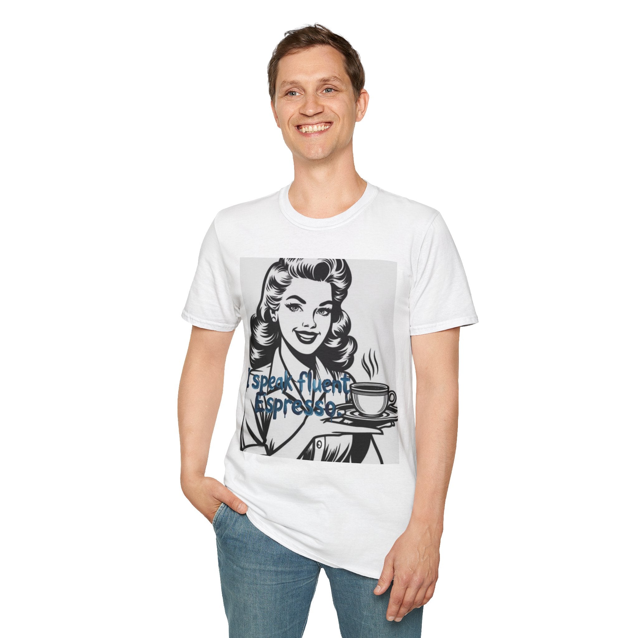 Espresso Lover T-Shirt — Retro Woman "I Speak Fluent Espresso" Coffee Tee