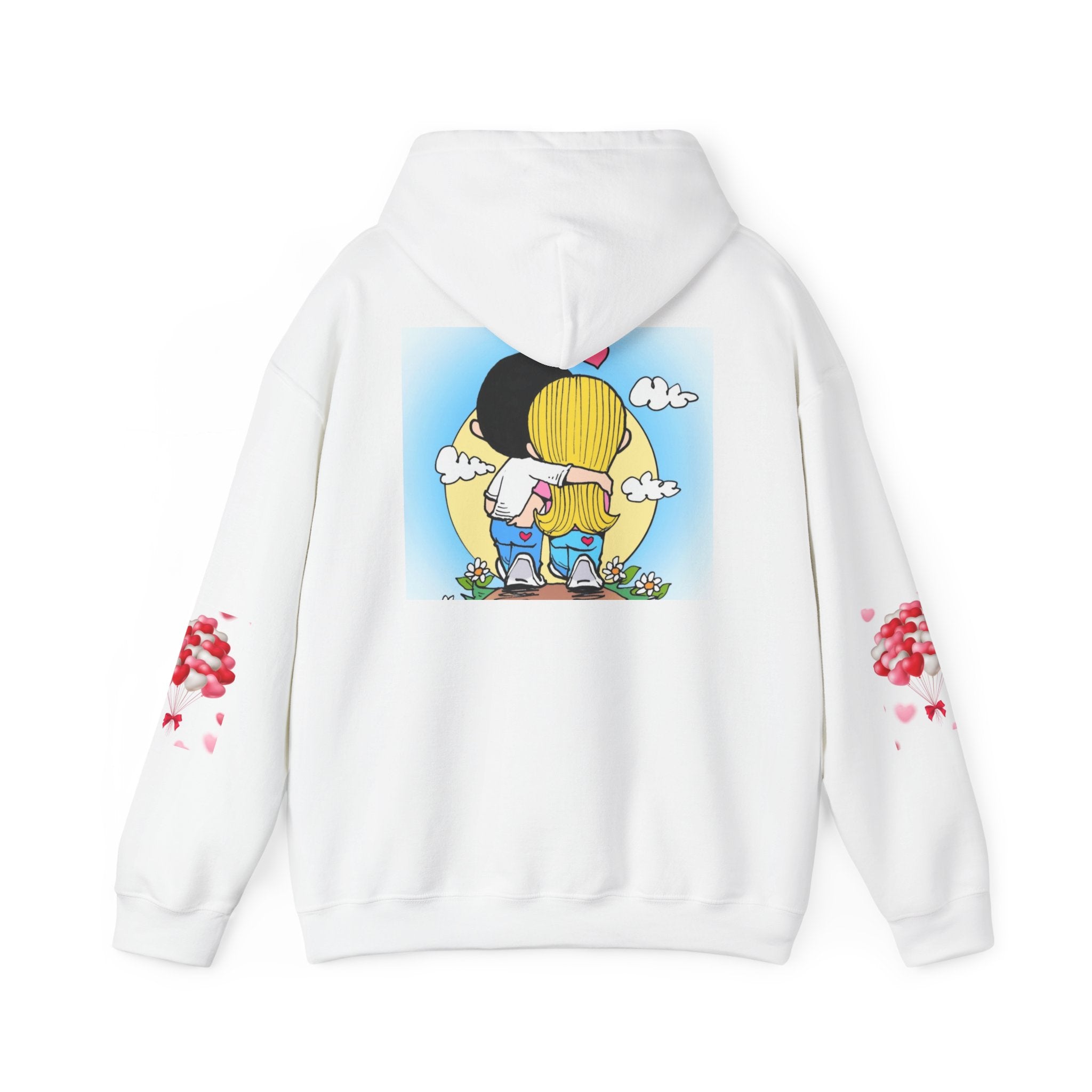 HOODIE LOVE IS...  Cute Couples Hoodie - Kawaii Embrace Illustration with 'Love' Sleeve Accents