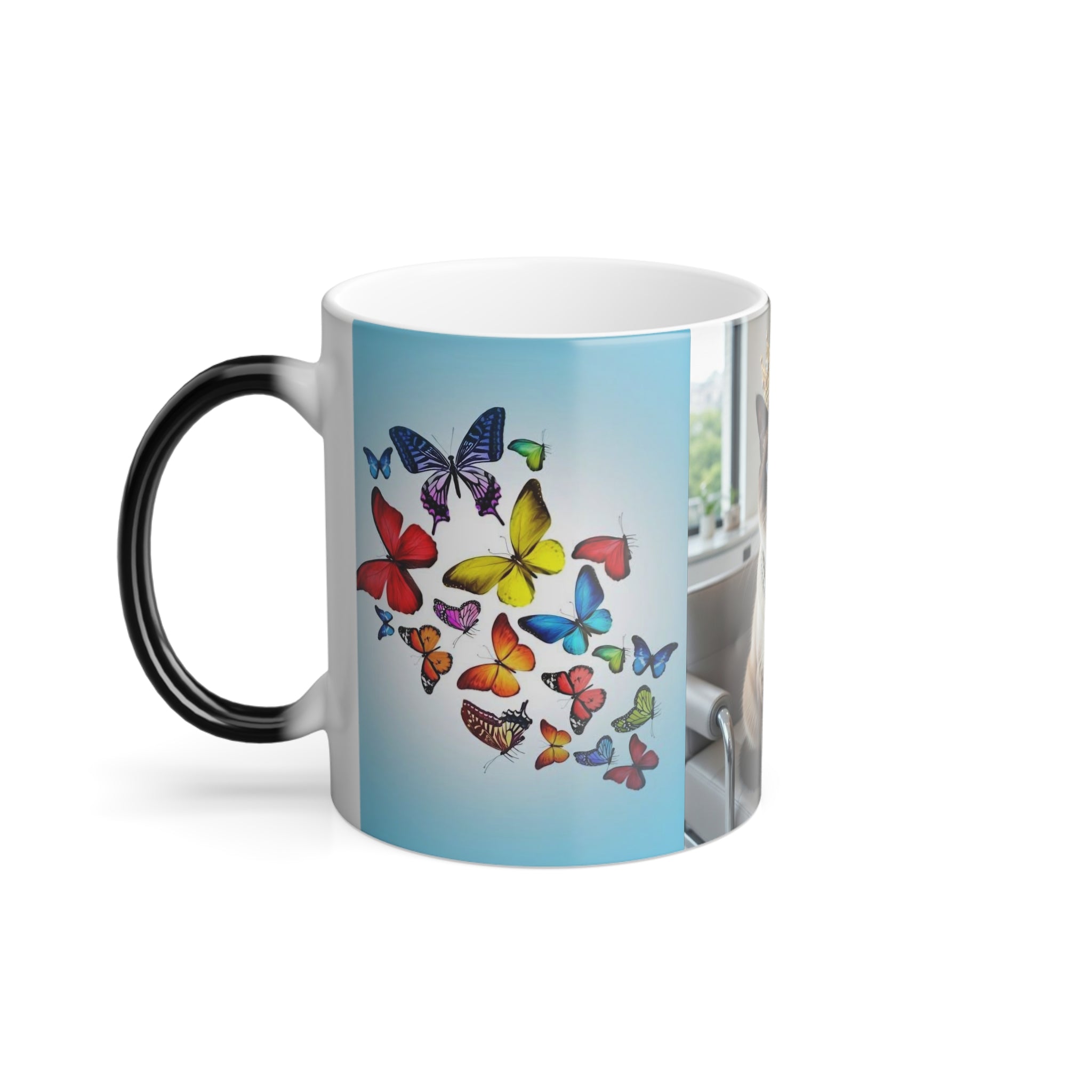 Color-Changing Cat Mug — Royal Siamese with Butterflies, 11oz