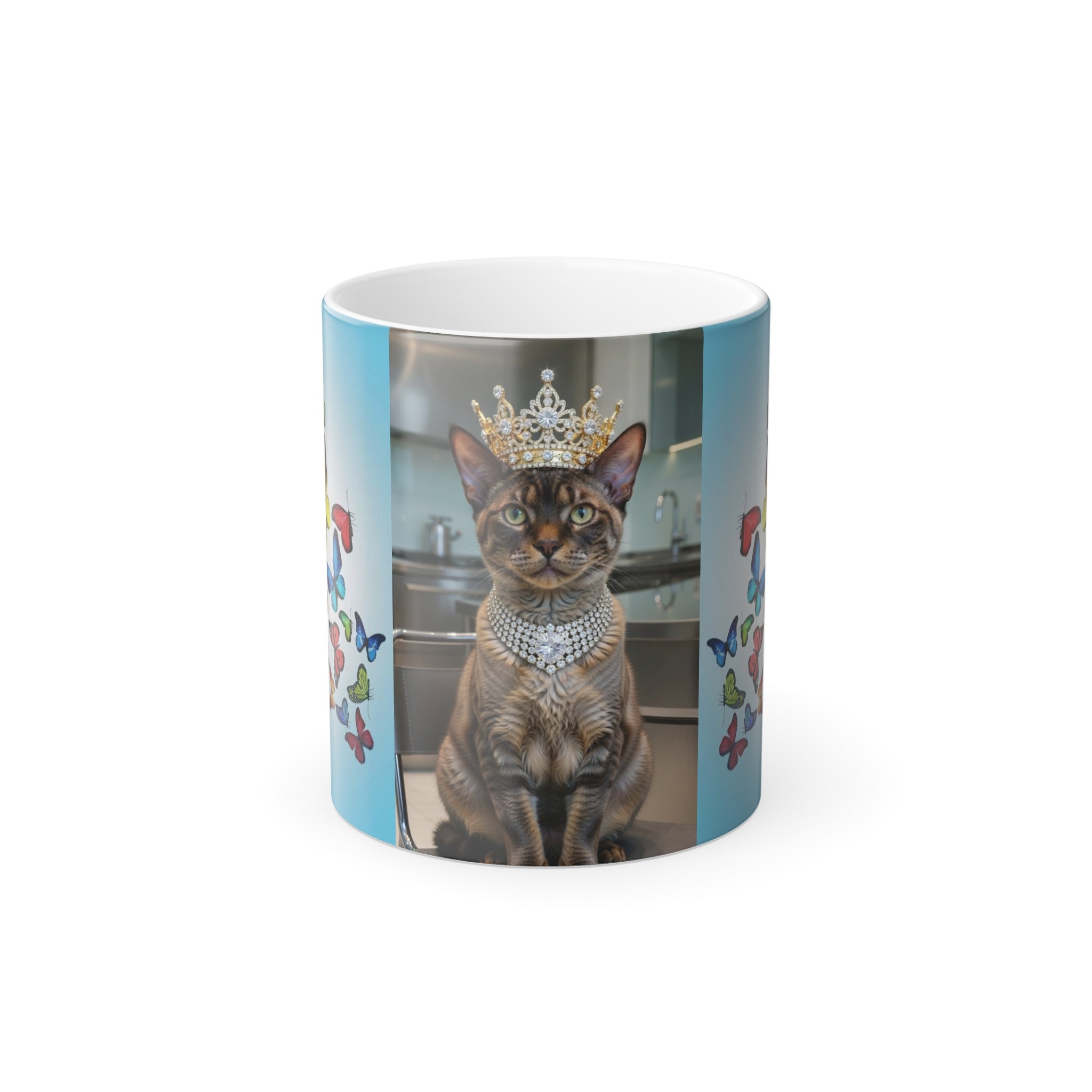 Color-Changing Mug — Regal Cat with Crown & Butterflies (11 oz)