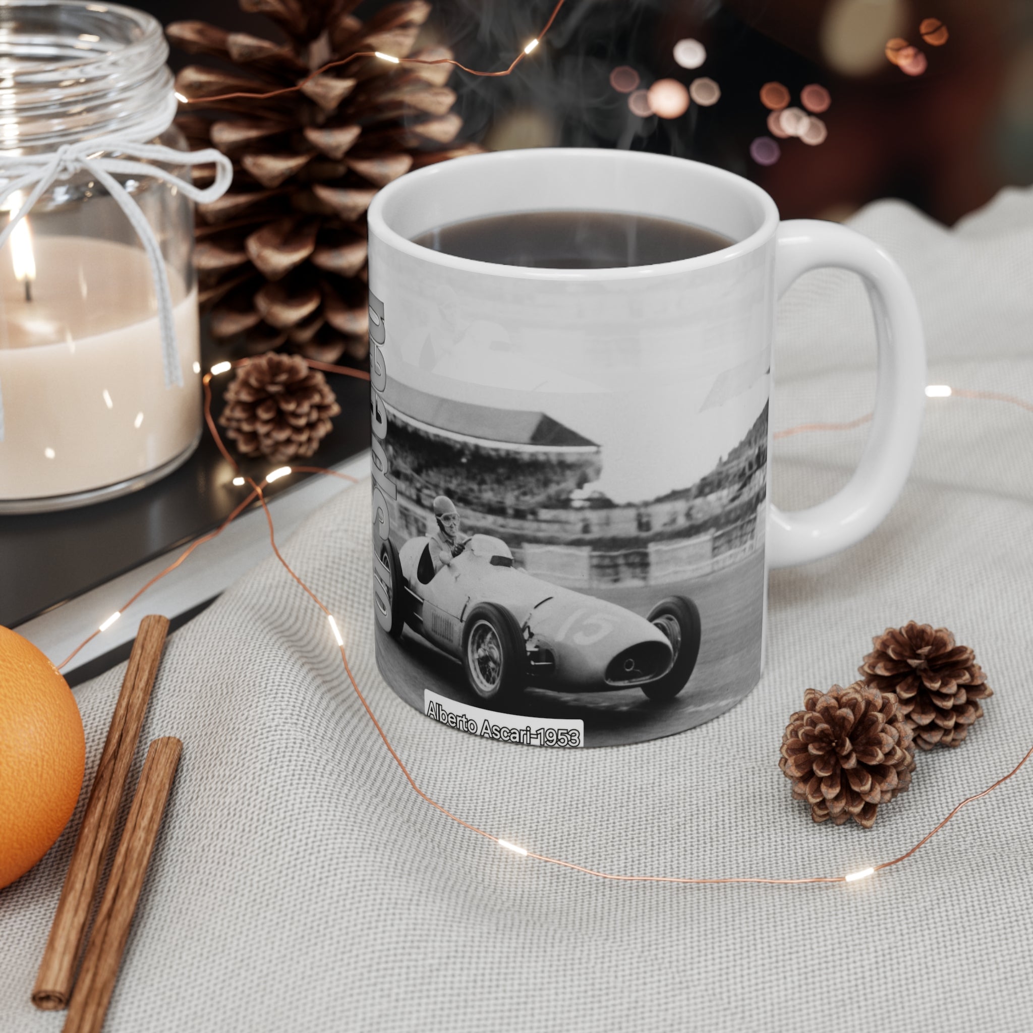 Racing History 11oz Coffee Mug — 'The History of Speed' Vintage Checkered Flag Design