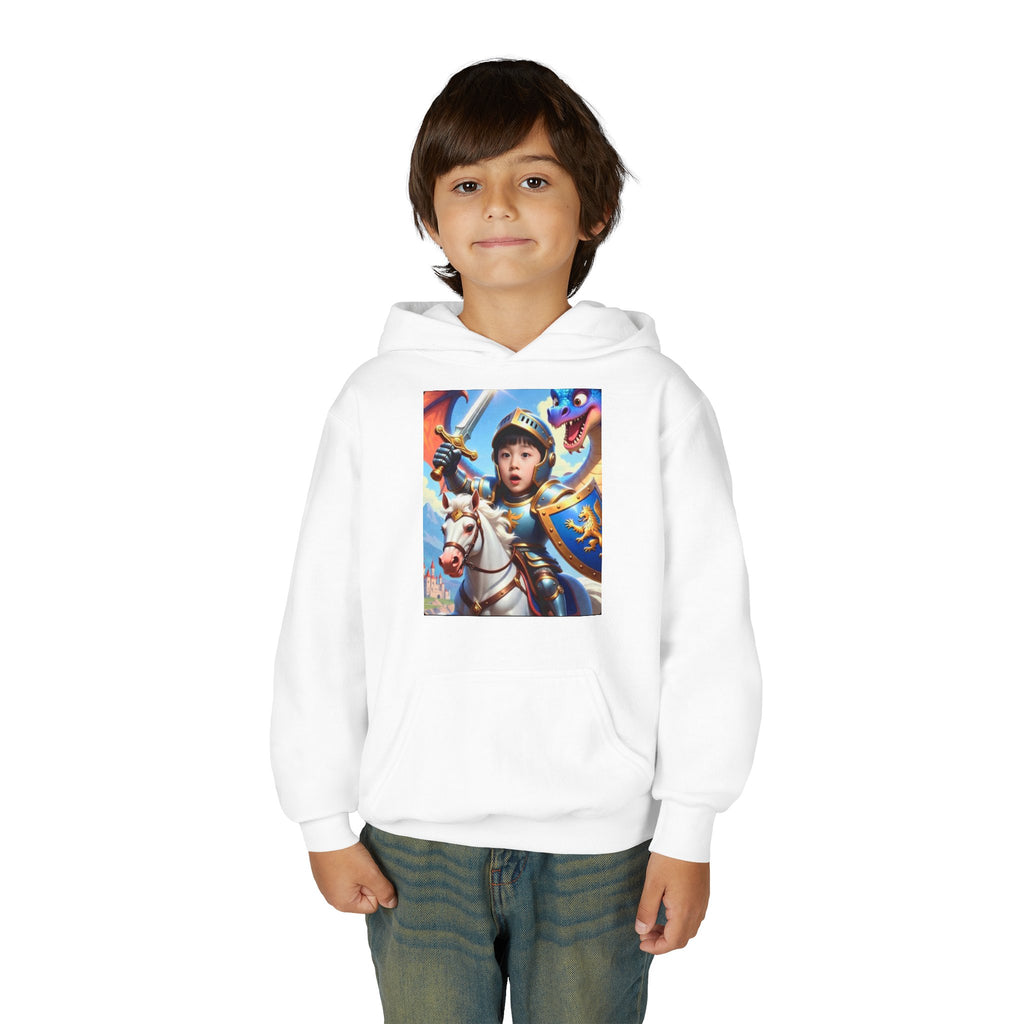 Youth Knight Hoodie — Child’s Medieval Knight Armor Hoodie with Horse & Dragon Design