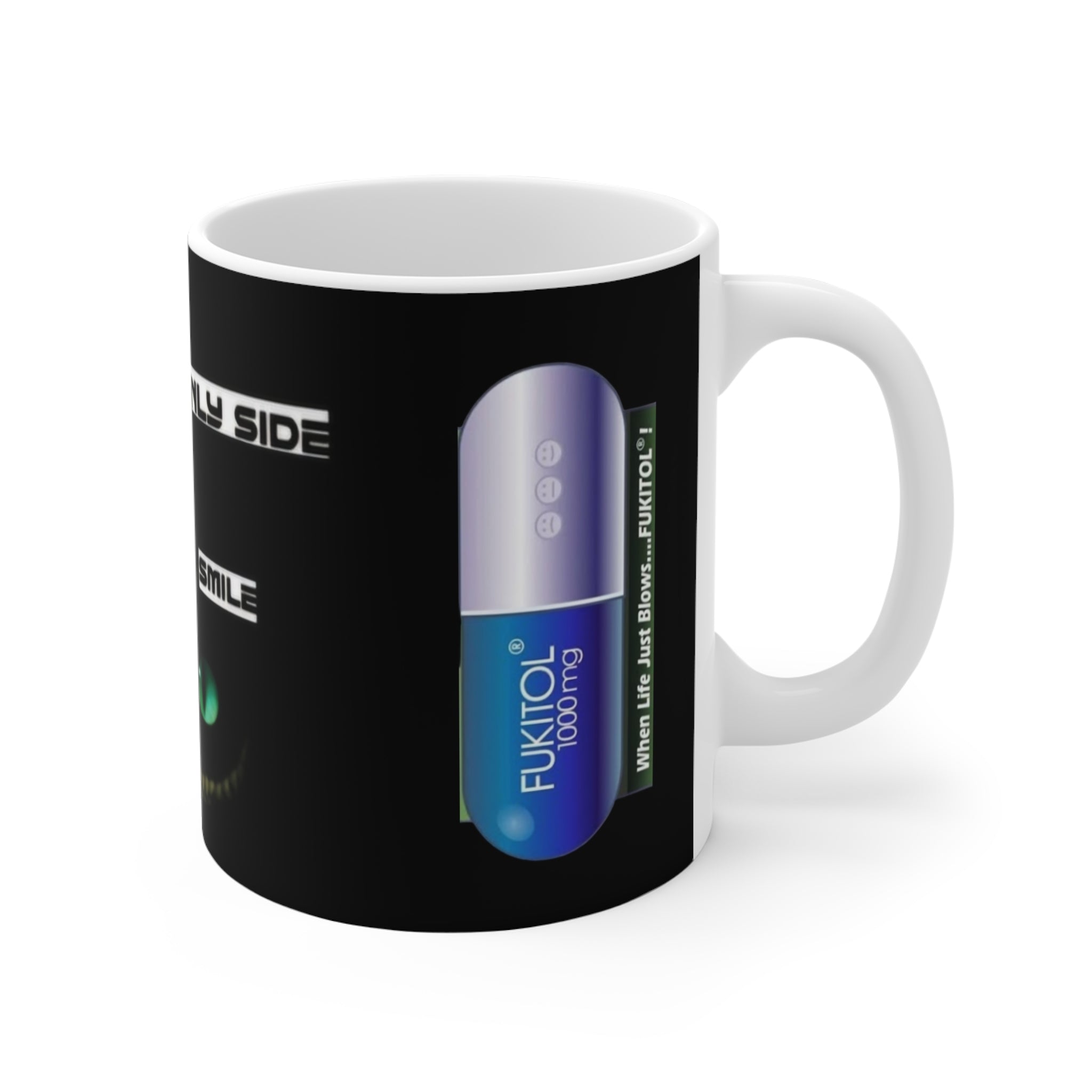 Cheshire Cat Green Eyes Coffee Mug — "Expect Me, Child" Fantasy Gothic Tea Cup
