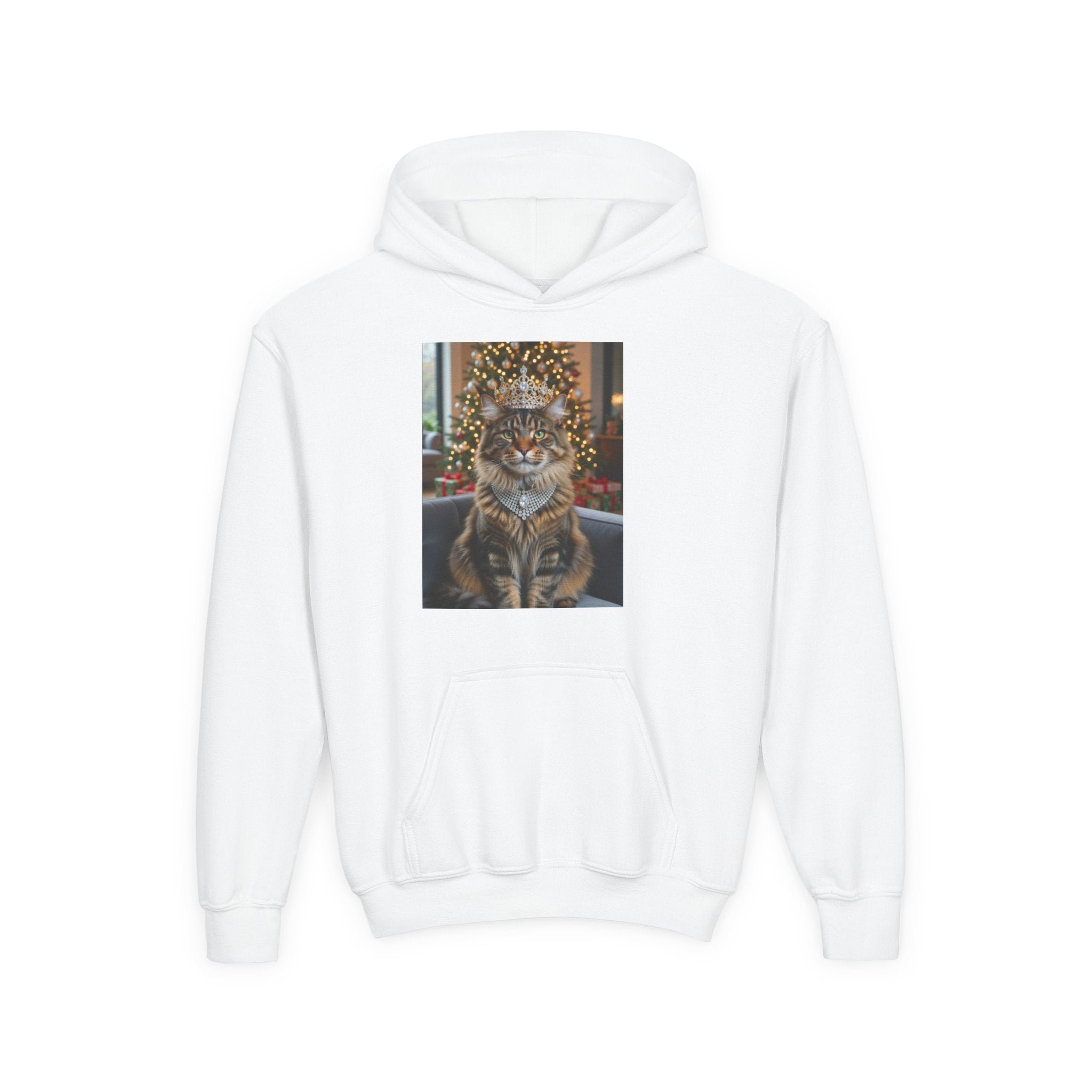 Youth Hoodie — Regal Tabby Cat Christmas Portrait
