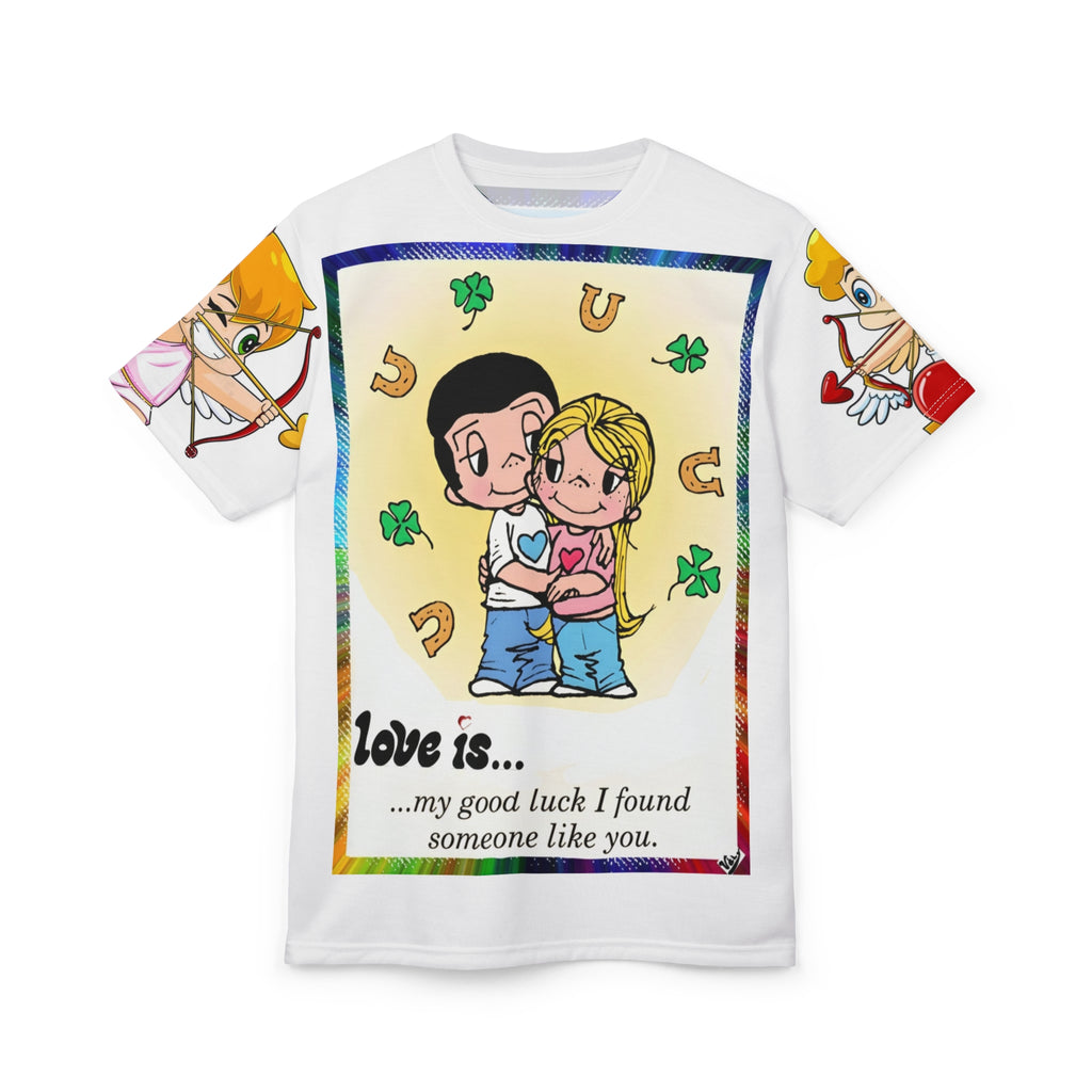 Love Is… Couple Illustration Tee — “Love is… my good luck I found someone like you.”