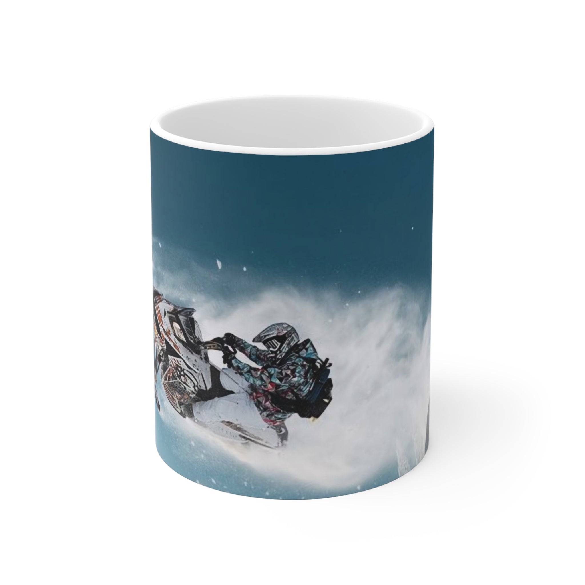 Snowmobile Action Mug — "Freerider Filmz" Cold-Weather Adventure Coffee Cup