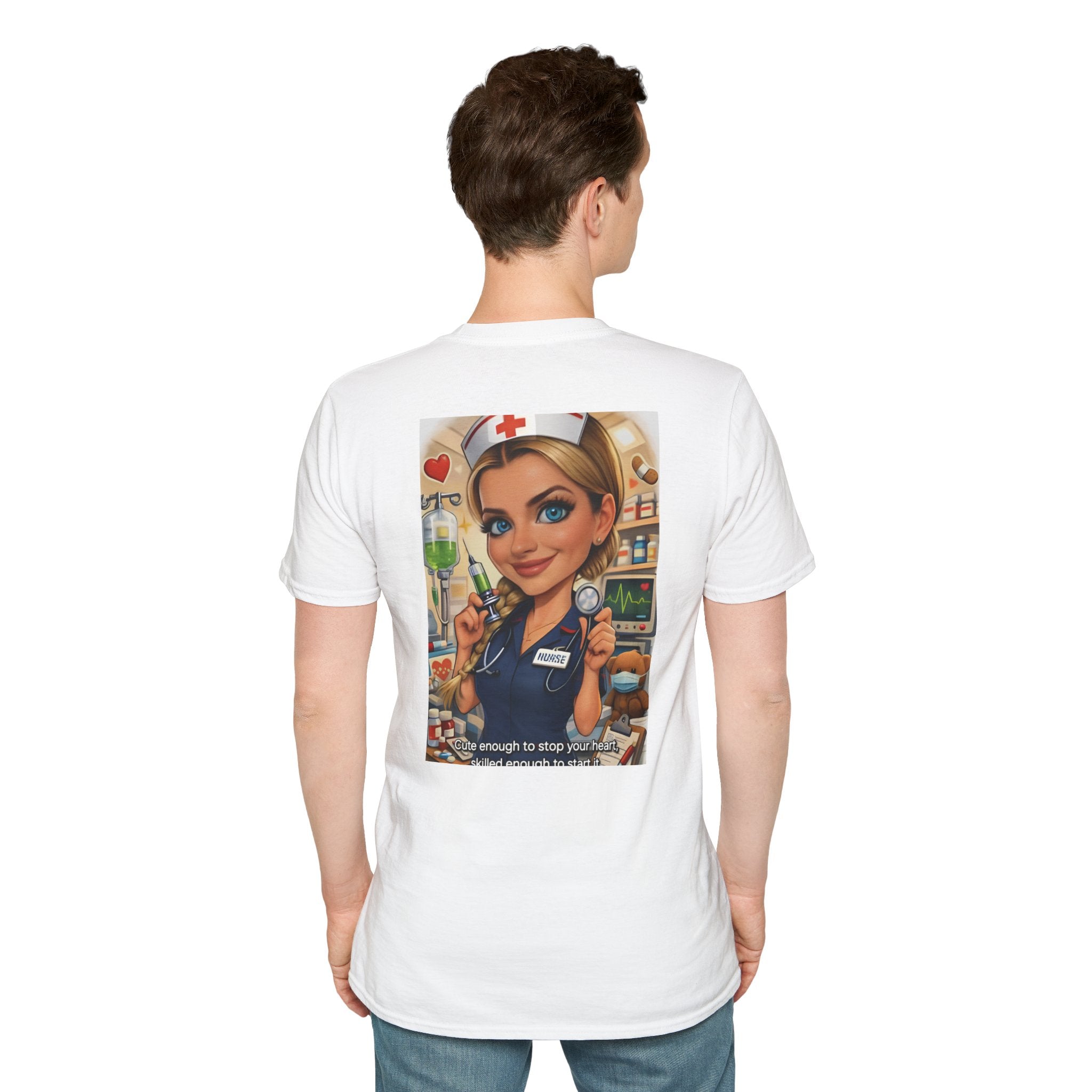 Nurse Cartoon T-Shirt — Cute Retro Nurse Graphic Tee (Includes 'You're Enough to Stop Your Heart' Text)