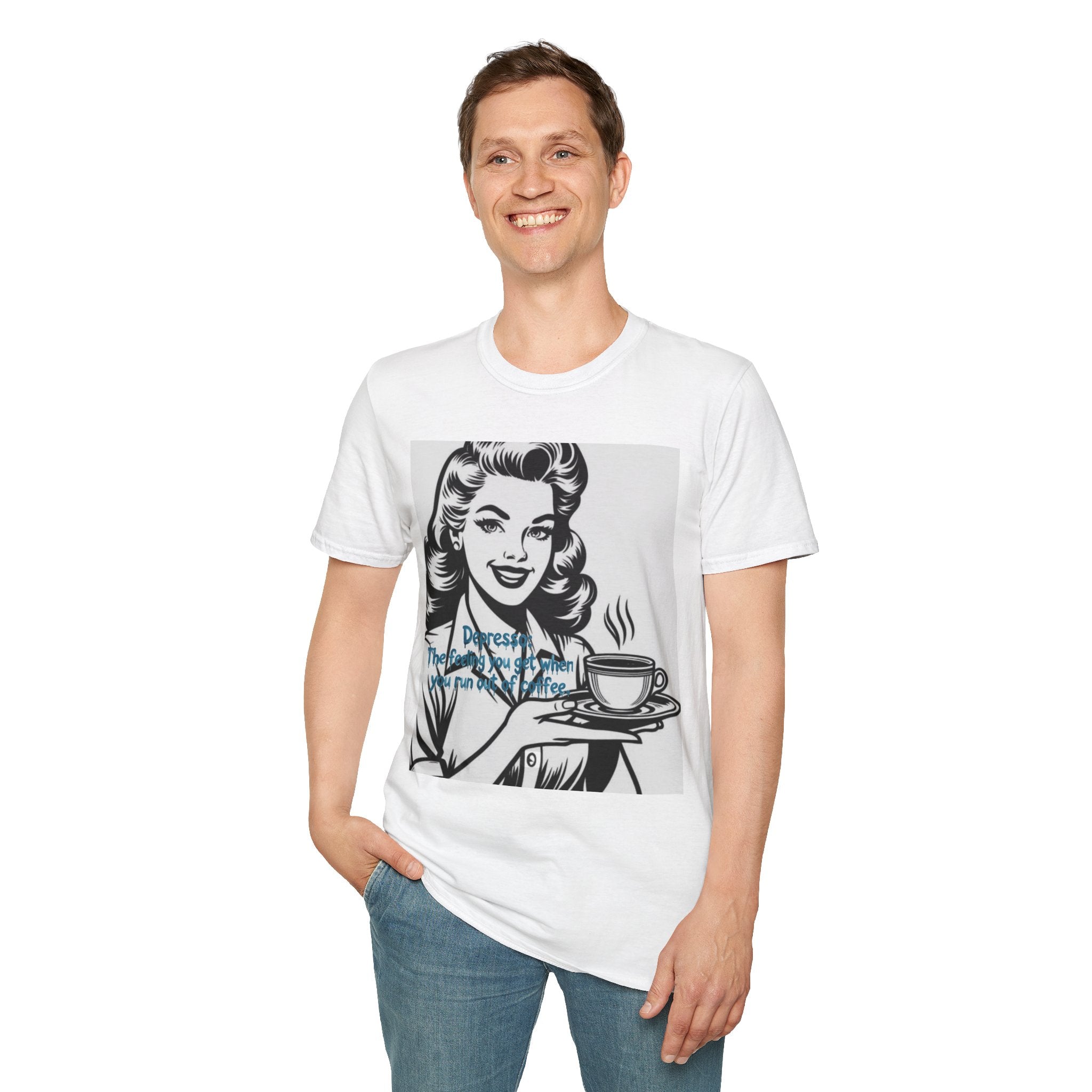 Retro Coffee Tee — 'Depressed? Try Coffee' Vintage Pop Art T-Shirt