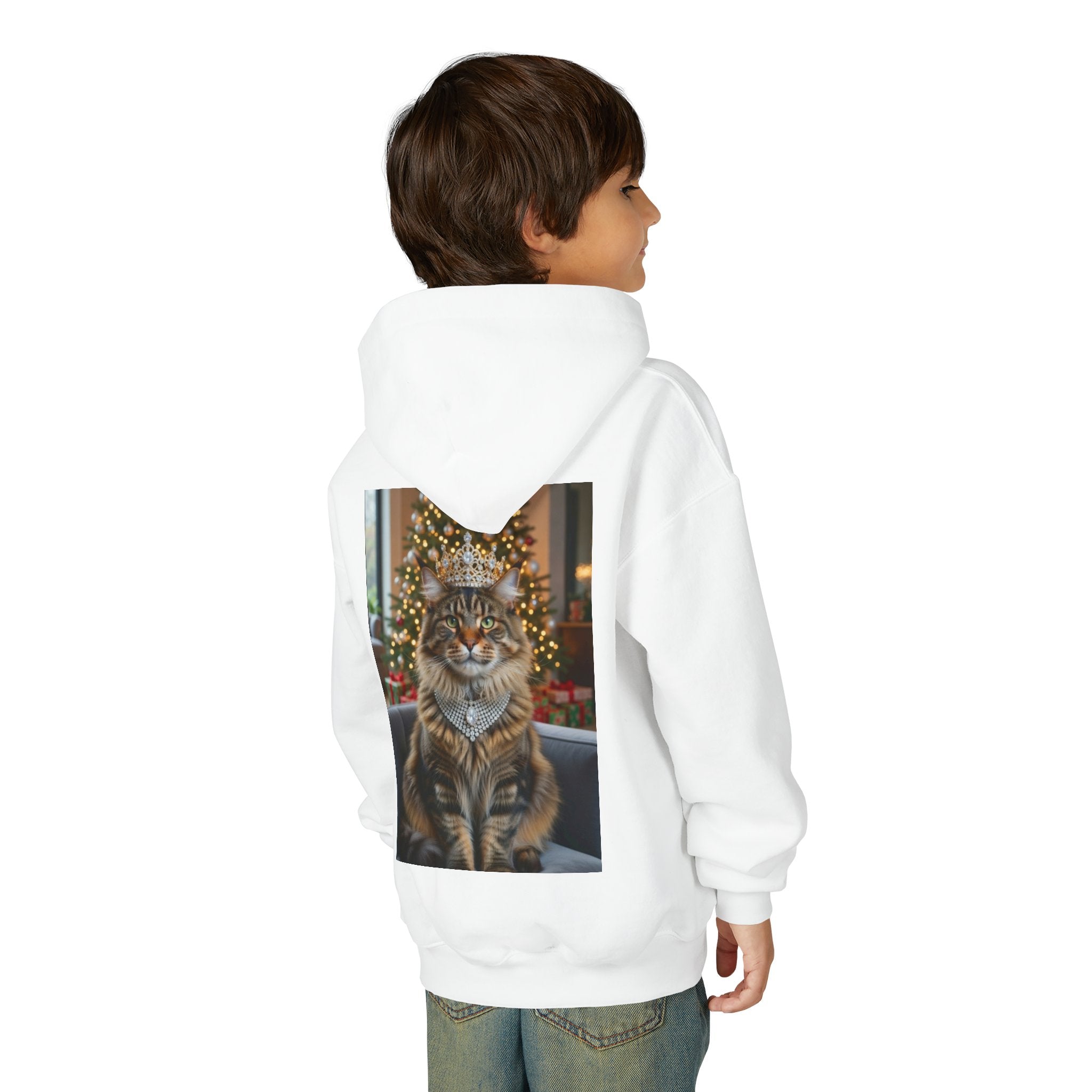 Youth Hoodie — Regal Tabby Cat Christmas Portrait