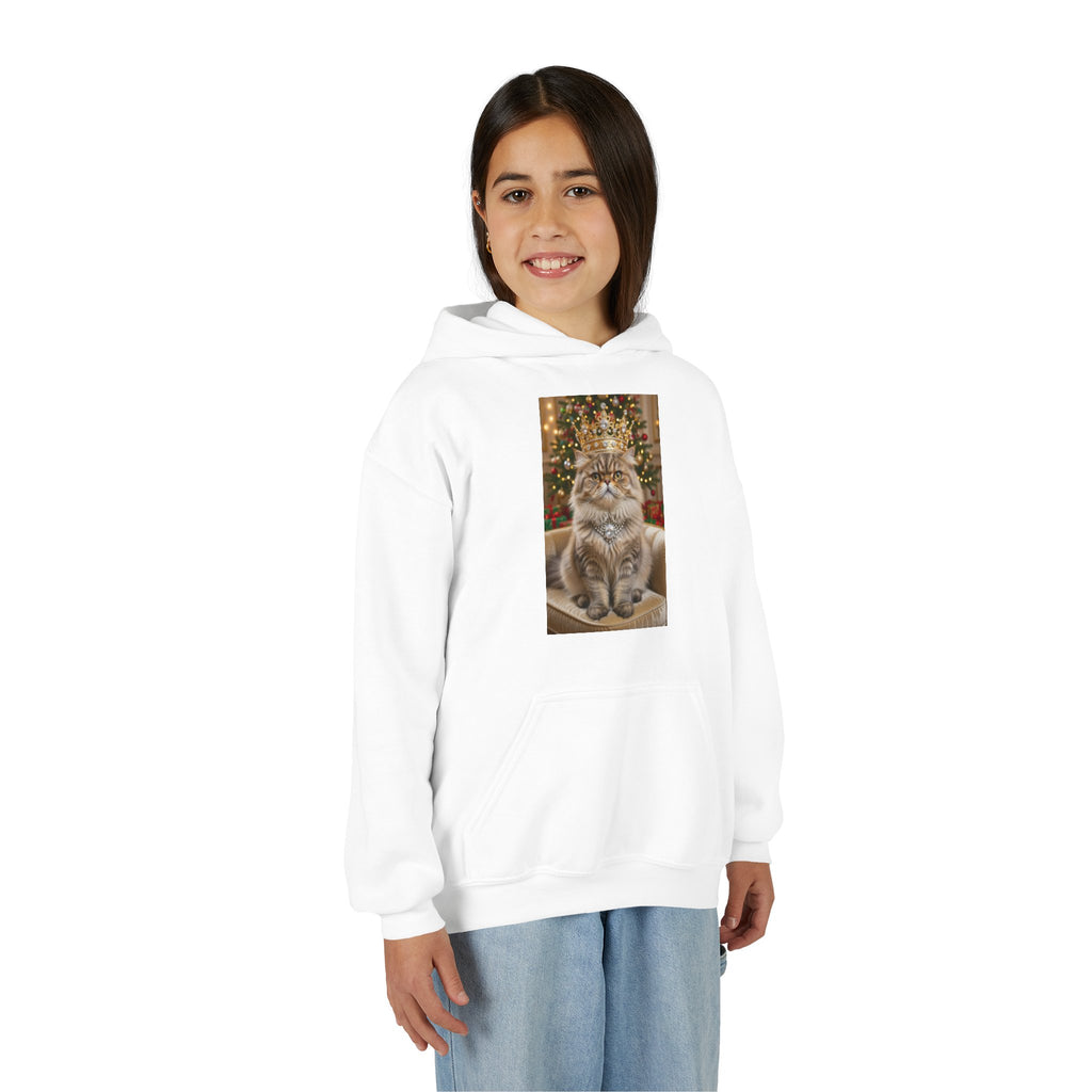 Christmas Cat Hoodie – Regal Tabby with Crown Holiday Kids Sweatshirt