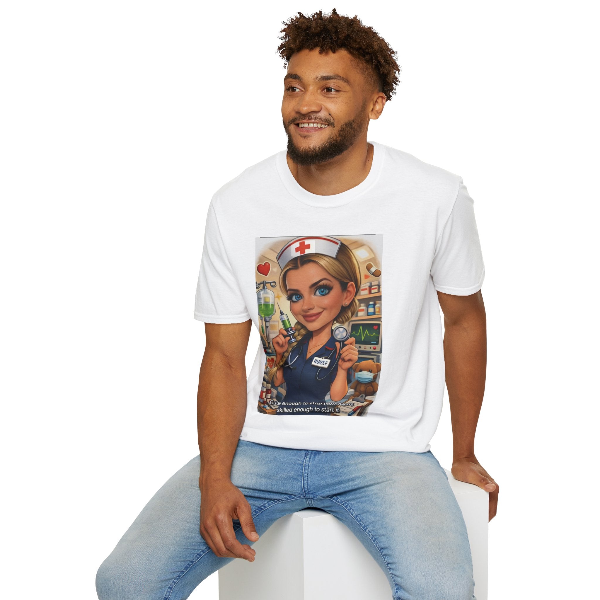 Nurse Cartoon T-Shirt — Cute Retro Nurse Graphic Tee (Includes 'You're Enough to Stop Your Heart' Text)