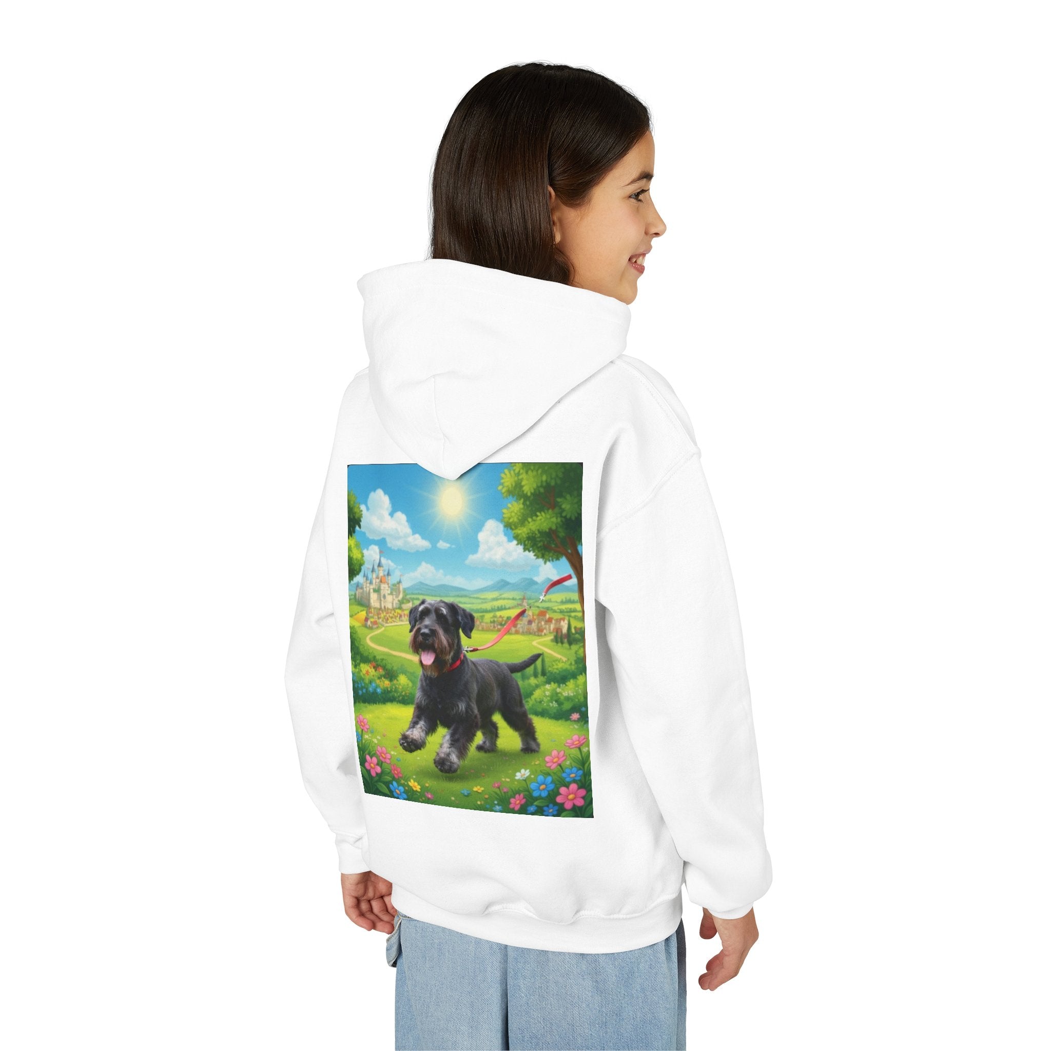 Youth Hoodie — Cute Black Puppy in Sunny Meadow Kids Sweatshirt