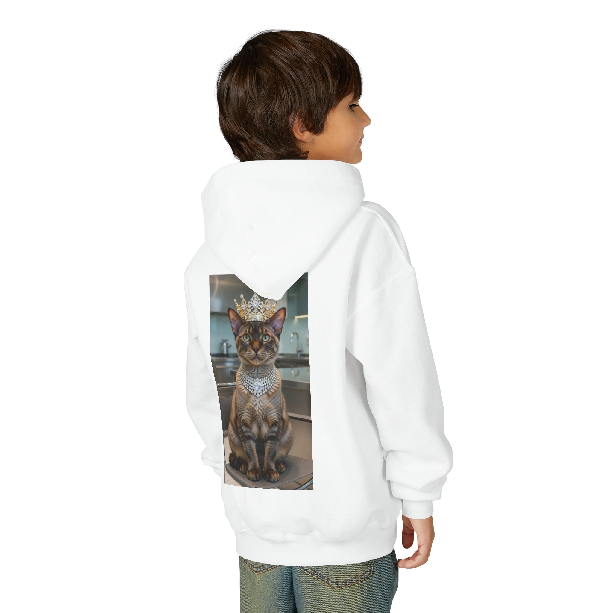 Youth Cat Princess Hoodie – Royal Kitty Crown & Jewel Graphic