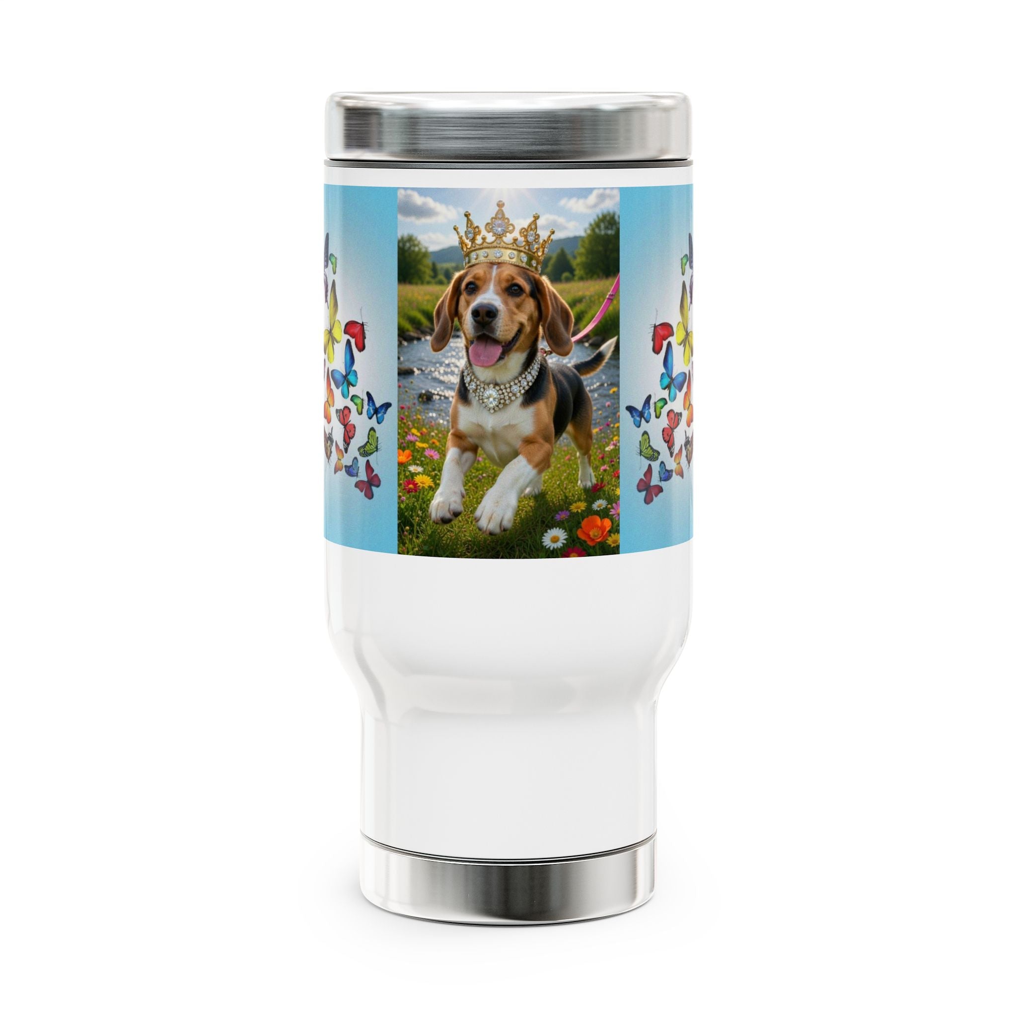 Crowned Beagle Travel Mug — 14oz Stainless Steel Tumbler with Handle, Butterfly Garden Design