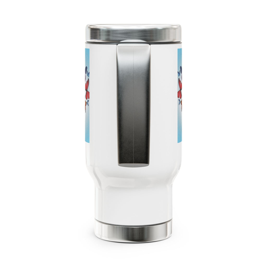14oz Stainless Steel Travel Mug with Handle – Cute Black Dog & Colorful Butterflies Design