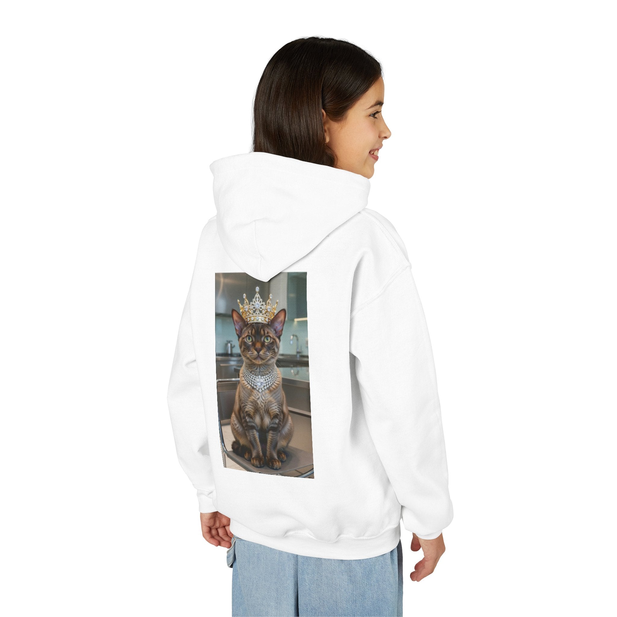 Youth Cat Princess Hoodie – Royal Kitty Crown & Jewel Graphic