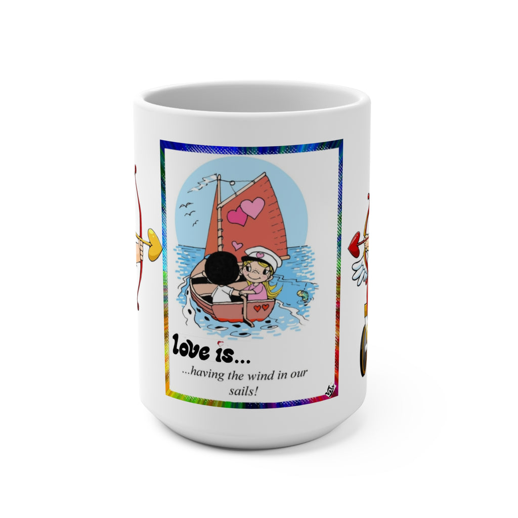 MUG LOVEIS... 15oz Romantic Coffee Mug — Cute Cupid & Sailboat Valentine’s Gift