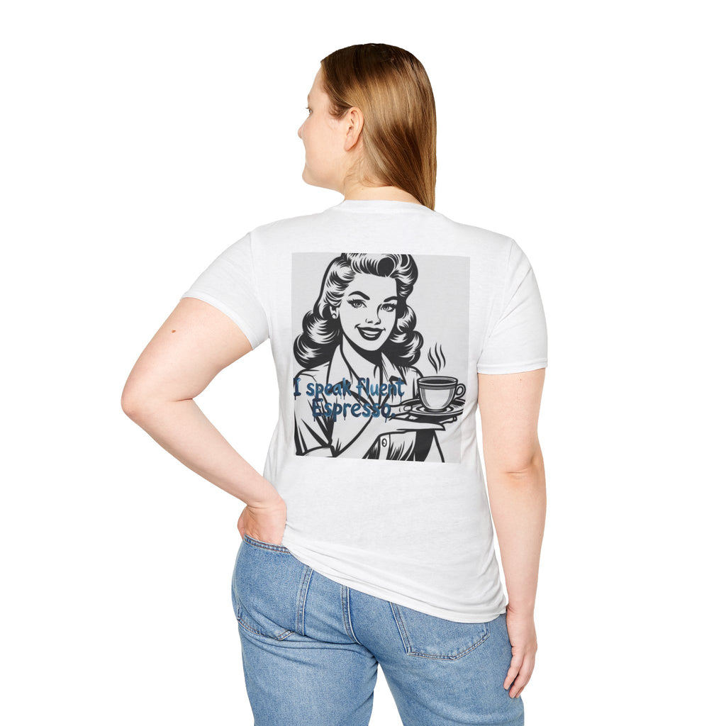 Espresso Lover T-Shirt — Retro Woman "I Speak Fluent Espresso" Coffee Tee