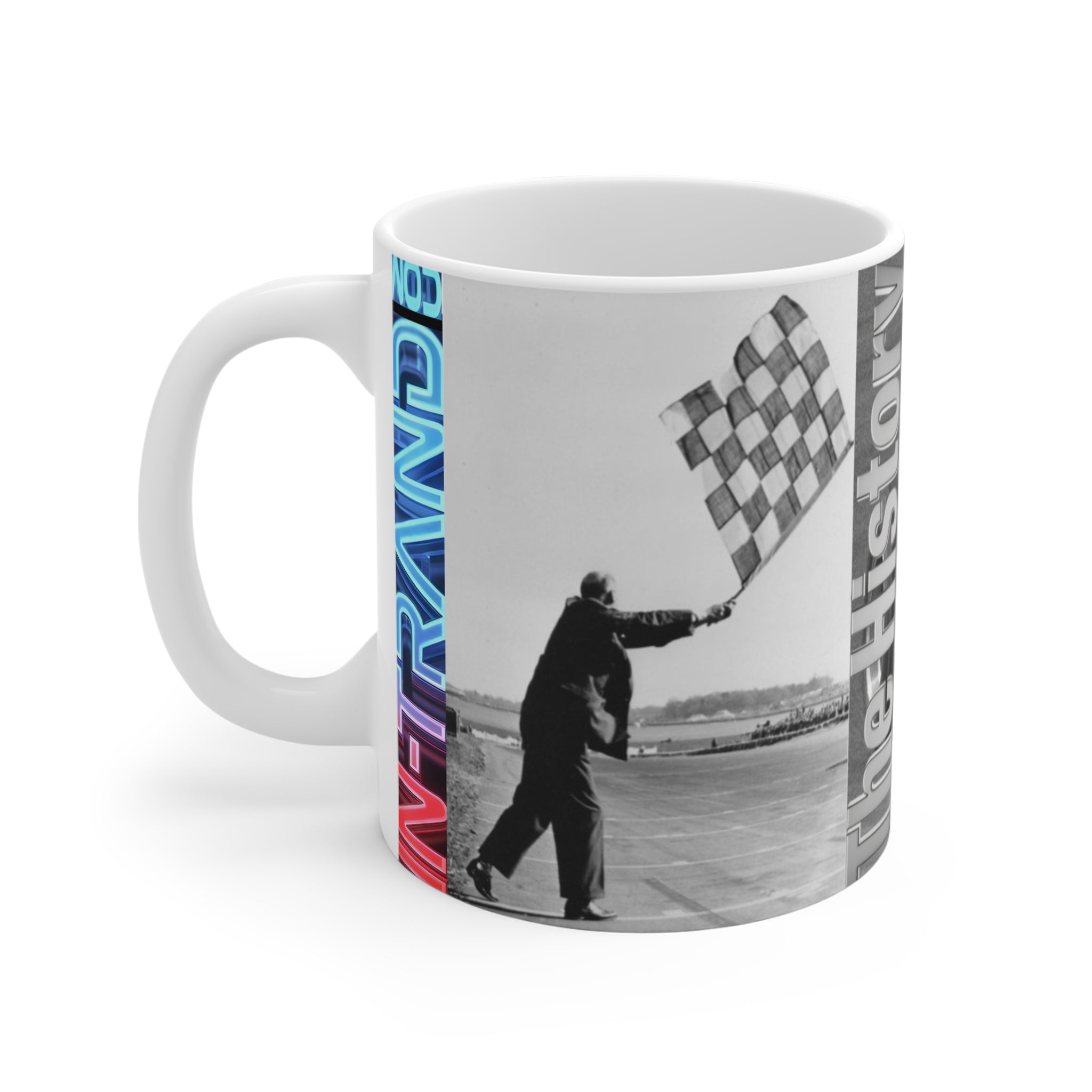 Racing History 11oz Coffee Mug — 'The History of Speed' Vintage Race Flag Design