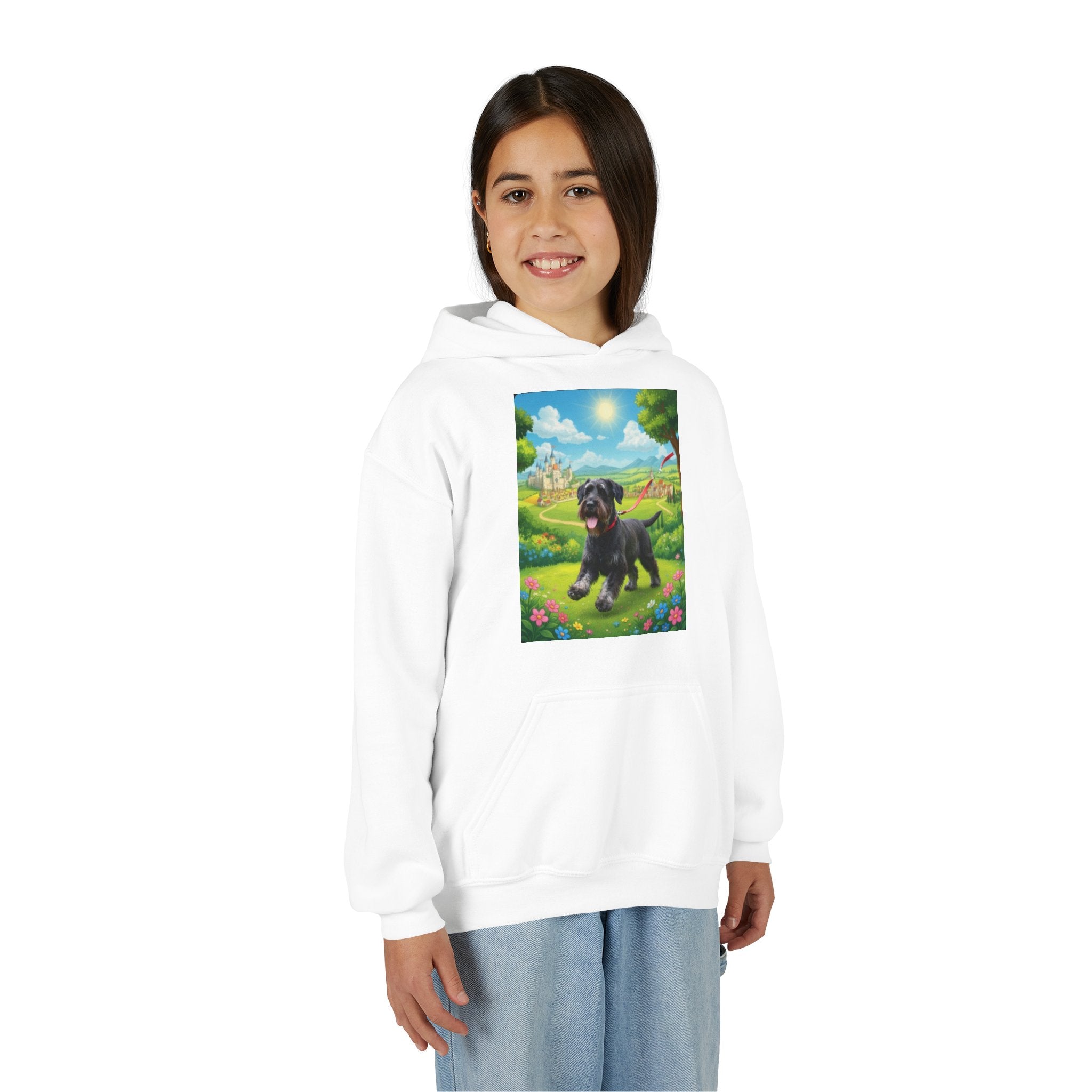 Youth Hoodie — Cute Black Puppy in Sunny Meadow Kids Sweatshirt