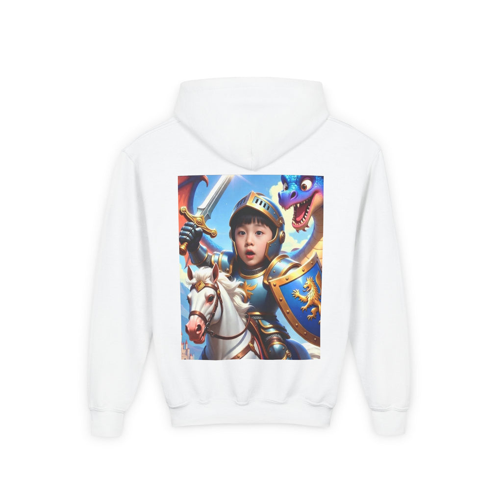 Youth Knight Hoodie — Child’s Medieval Knight Armor Hoodie with Horse & Dragon Design