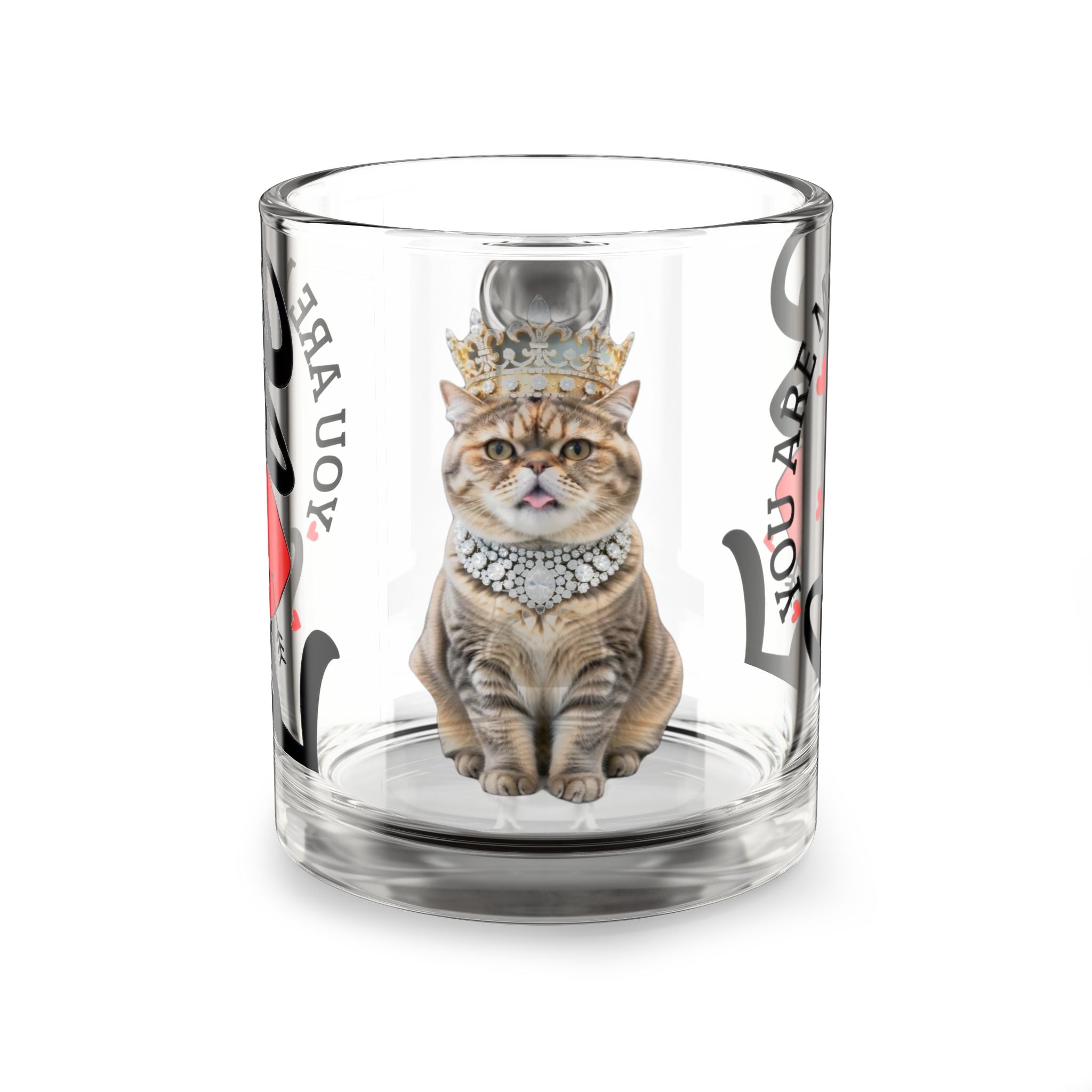 Glass Mug — Royal Cat Lover 10oz Clear Coffee Cup with 'Love' Heart Design