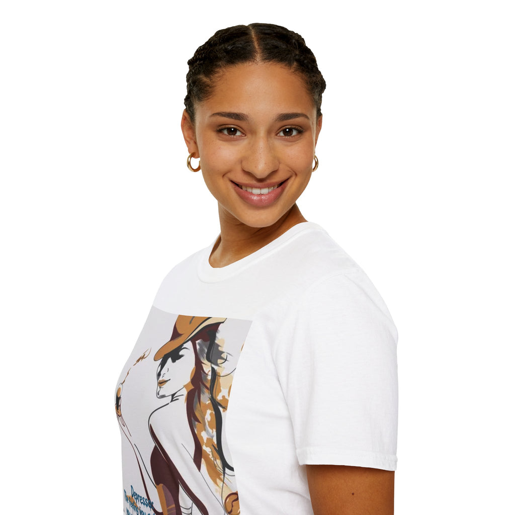 T-Shirt — Retro Cowgirl Coffee Tee (“Depressed: The feeling you get when you run out of coffee”)