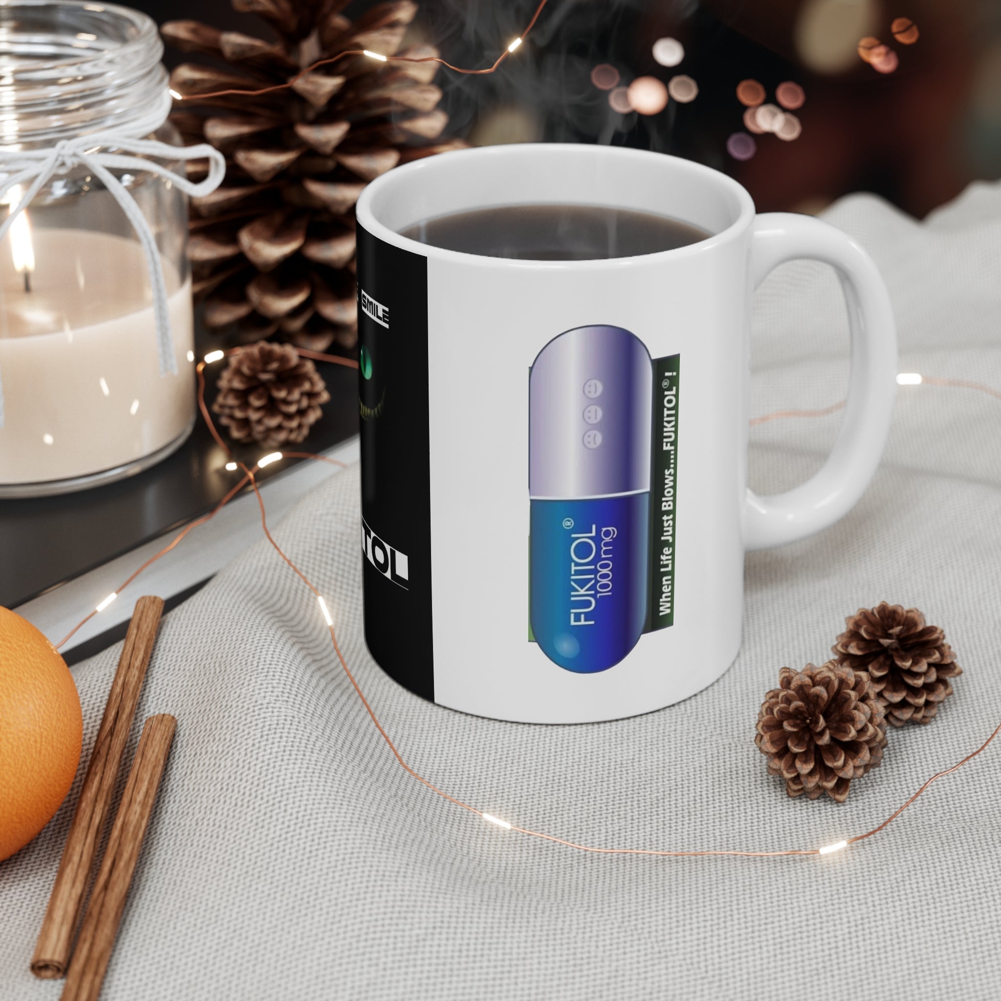 FUKITOL Pill Mug – Novelty 11oz Coffee Cup with Cheshire Smile Design