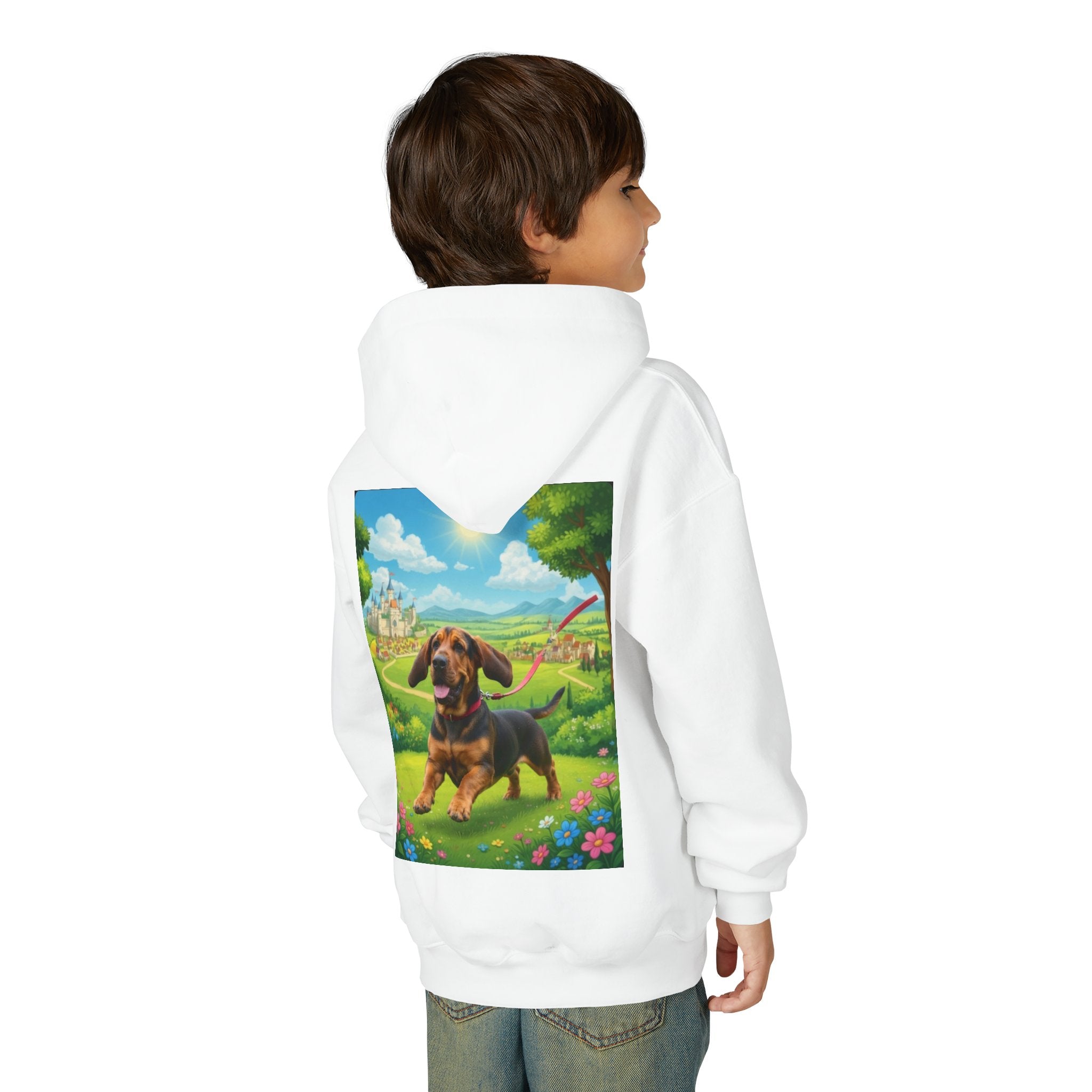 Youth Hoodie — Cute Dachshund Puppy in Sunny Countryside Print