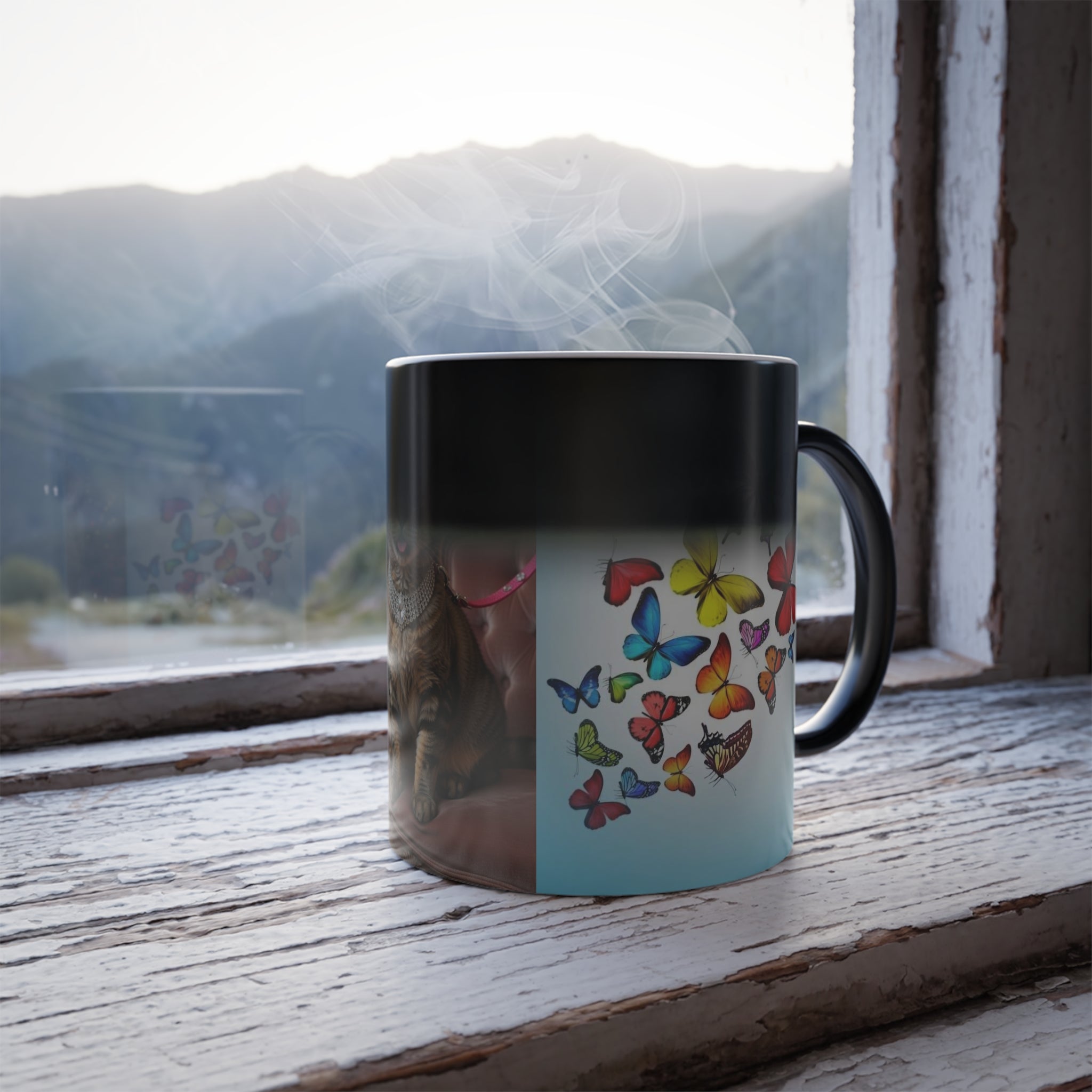 Color-Changing Mug — Regal Cat Portrait with Butterflies (11 oz)
