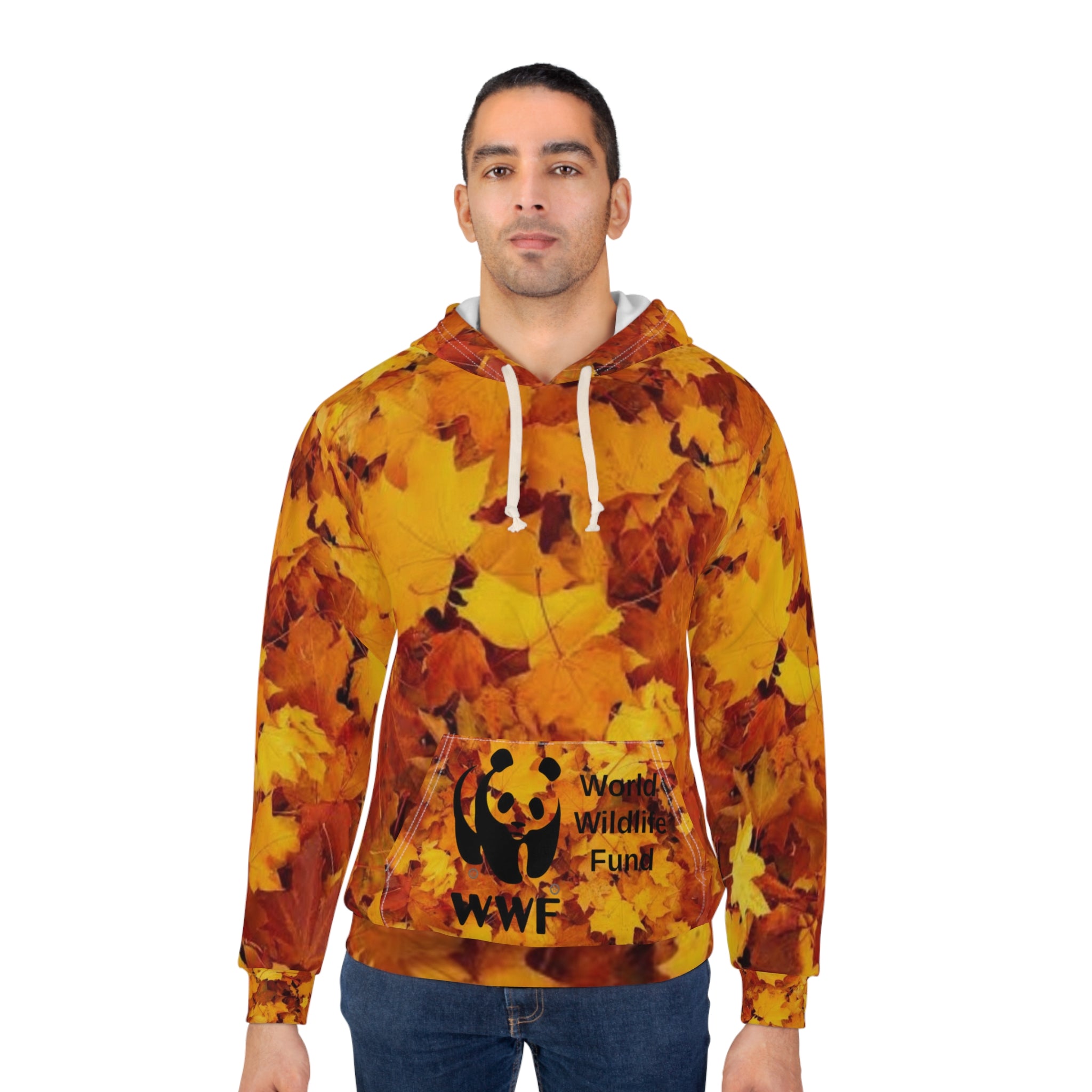 HOODIE NATURE  Crowned Crane Fall Leaves Hoodie — All-Over-Print Autumn Bird Pullover
