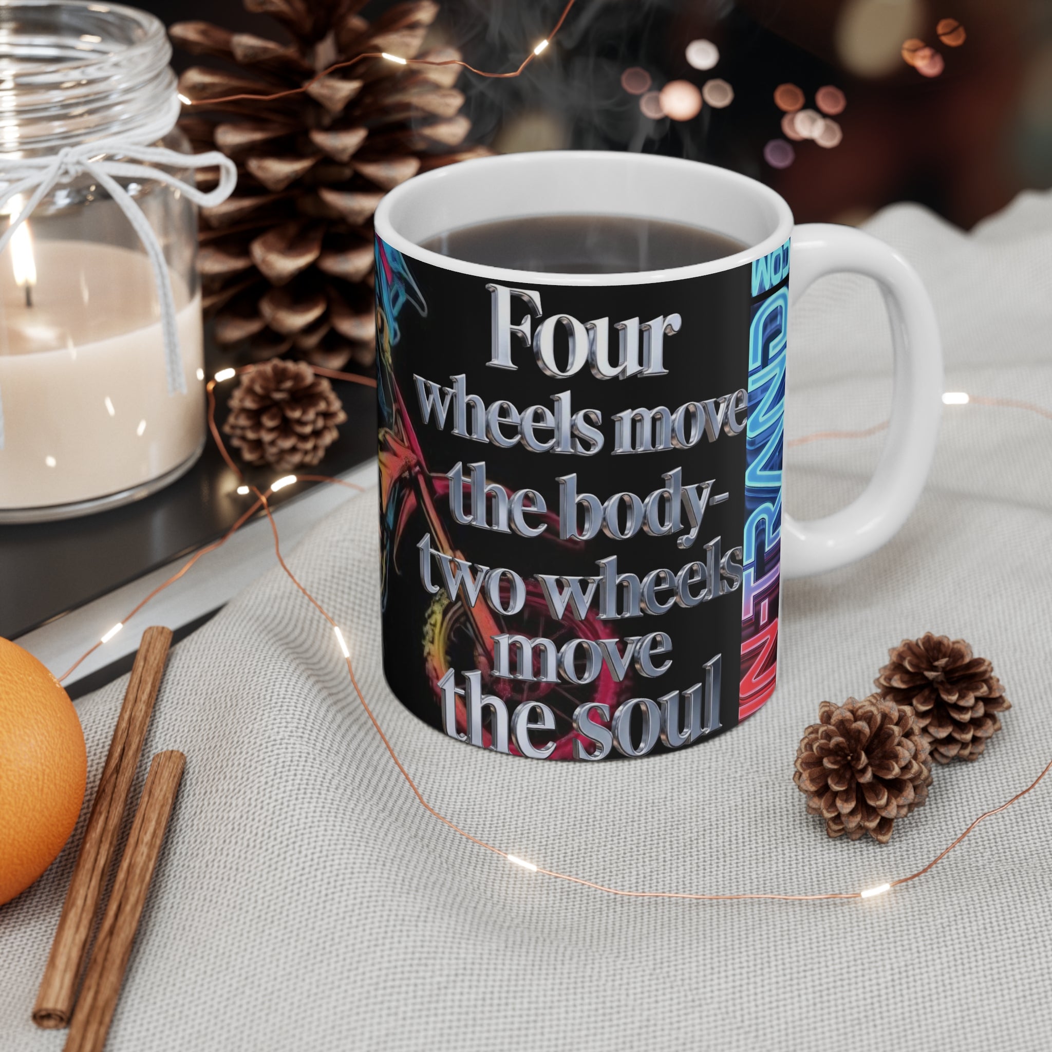 Motorcycle Mug – "Four Wheels Move the Body, Two Wheels Move the Soul" 11oz