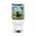 14oz Stainless Steel Travel Mug with Handle – Cute Black Dog & Colorful Butterflies Design