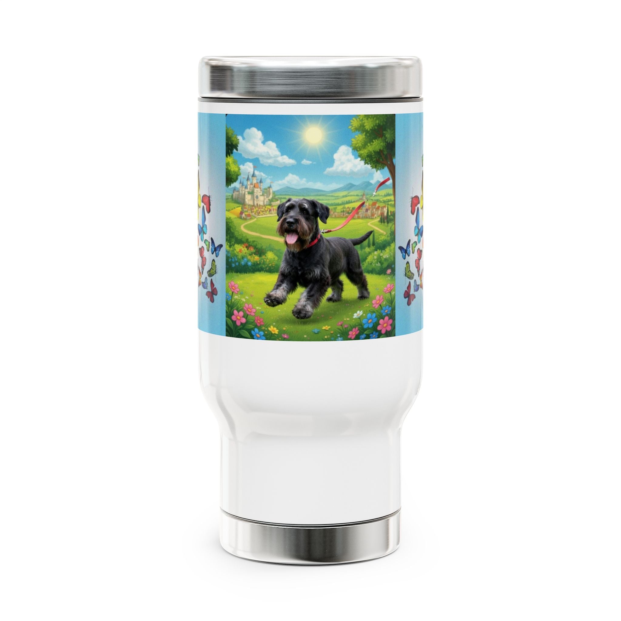 14oz Stainless Steel Travel Mug with Handle – Cute Black Dog & Colorful Butterflies Design