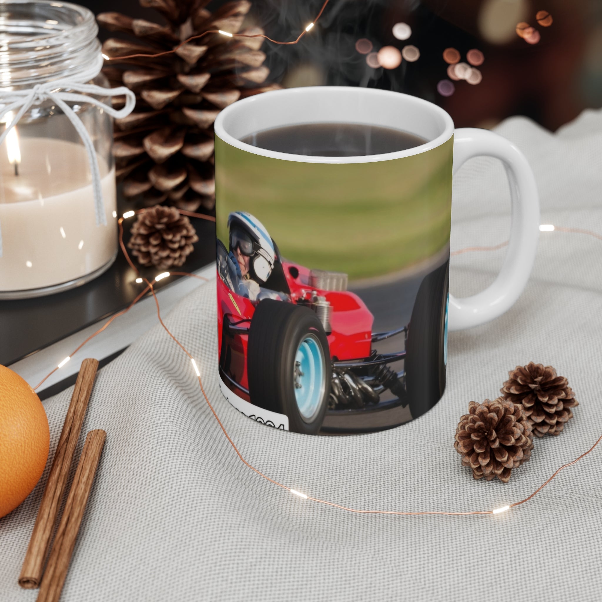 Racing History of Speed Mug — Vintage Red Racecar 11oz Coffee Cup