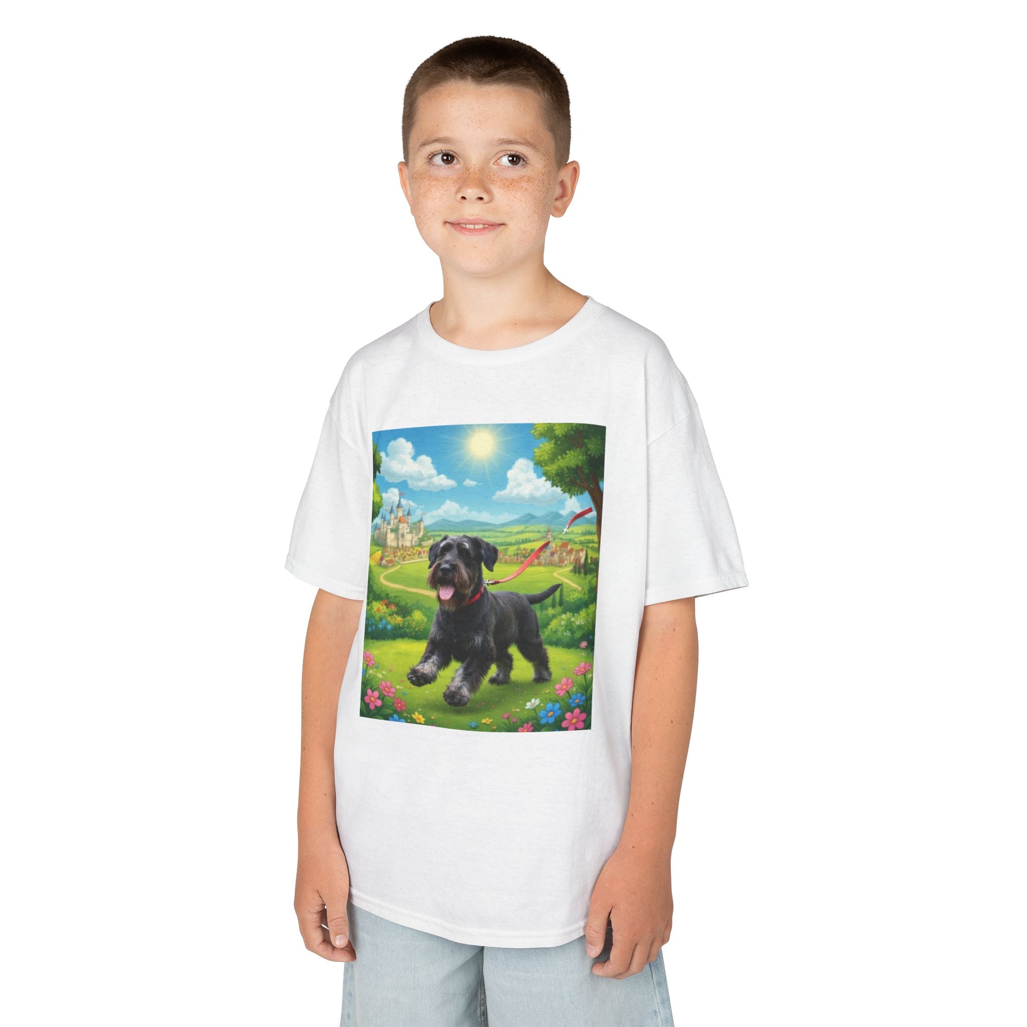T-SHIRT KIDS DOGS HEROES — Black Puppy in Sunny Meadow Cute Dog Graphic