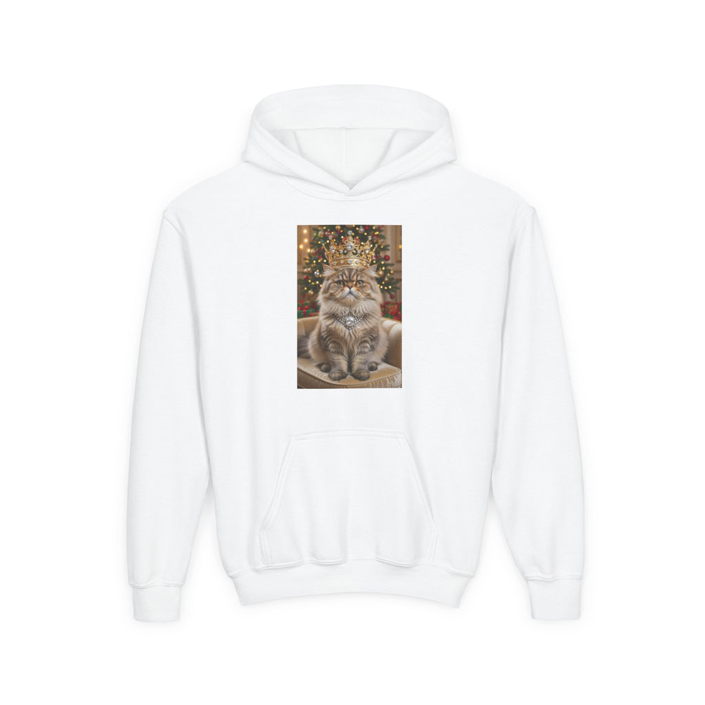 Christmas Cat Hoodie – Regal Tabby with Crown Holiday Kids Sweatshirt