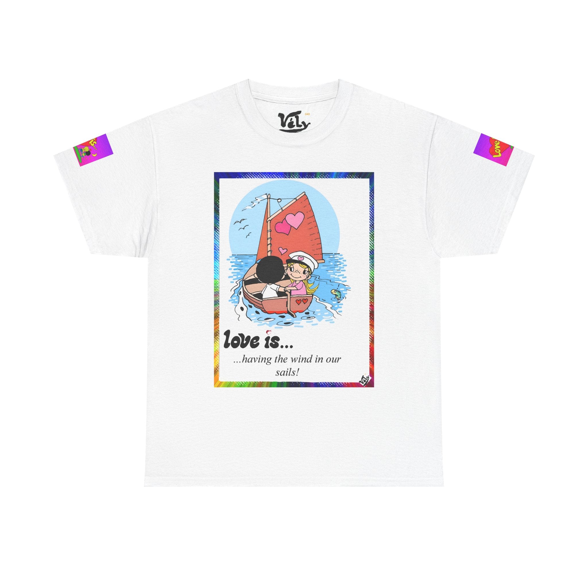 Love Is... Sailboat & Couple Graphic Tee — Cute Romantic Vintage Cartoon T-Shirt