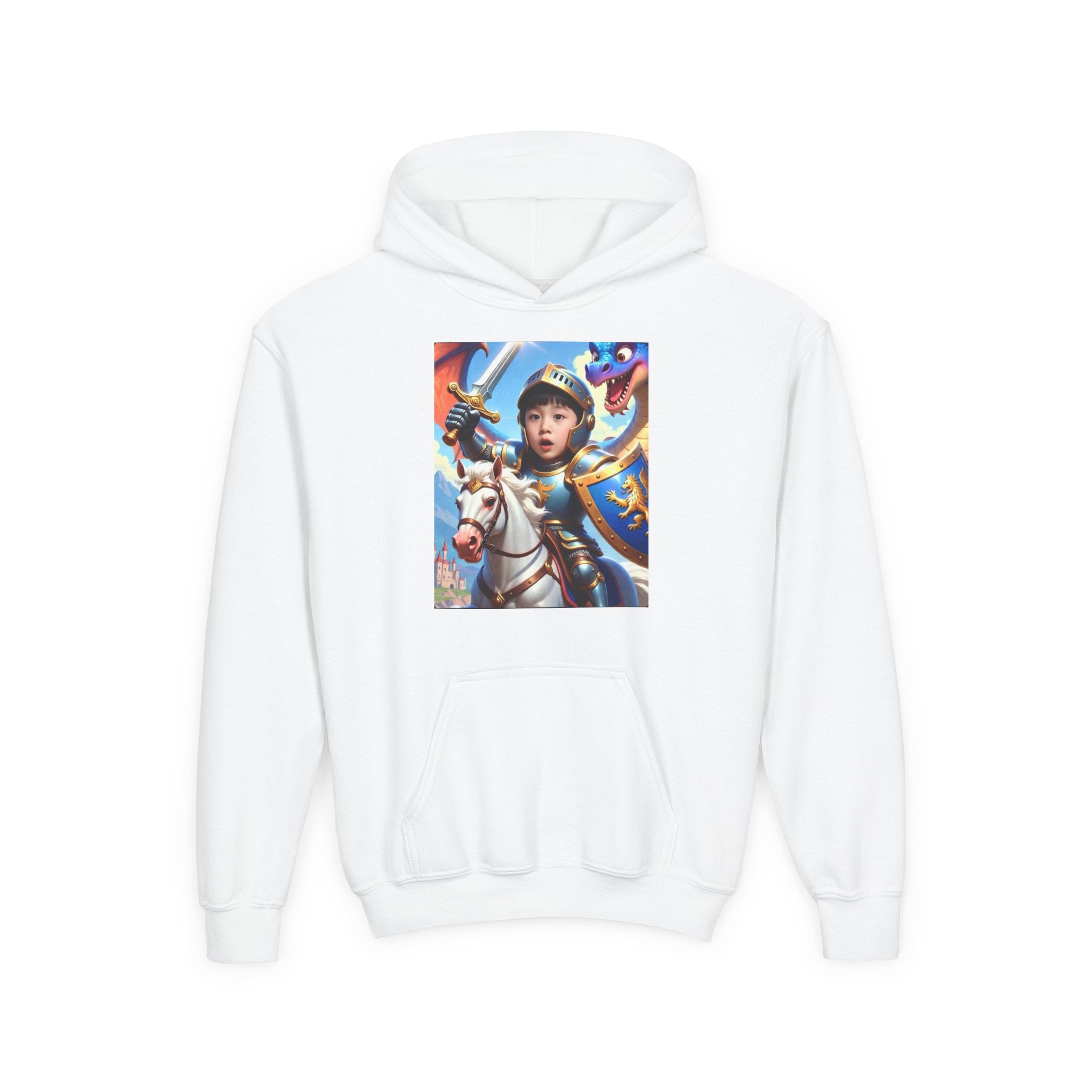 Youth Knight Hoodie — Child’s Medieval Knight Armor Hoodie with Horse & Dragon Design